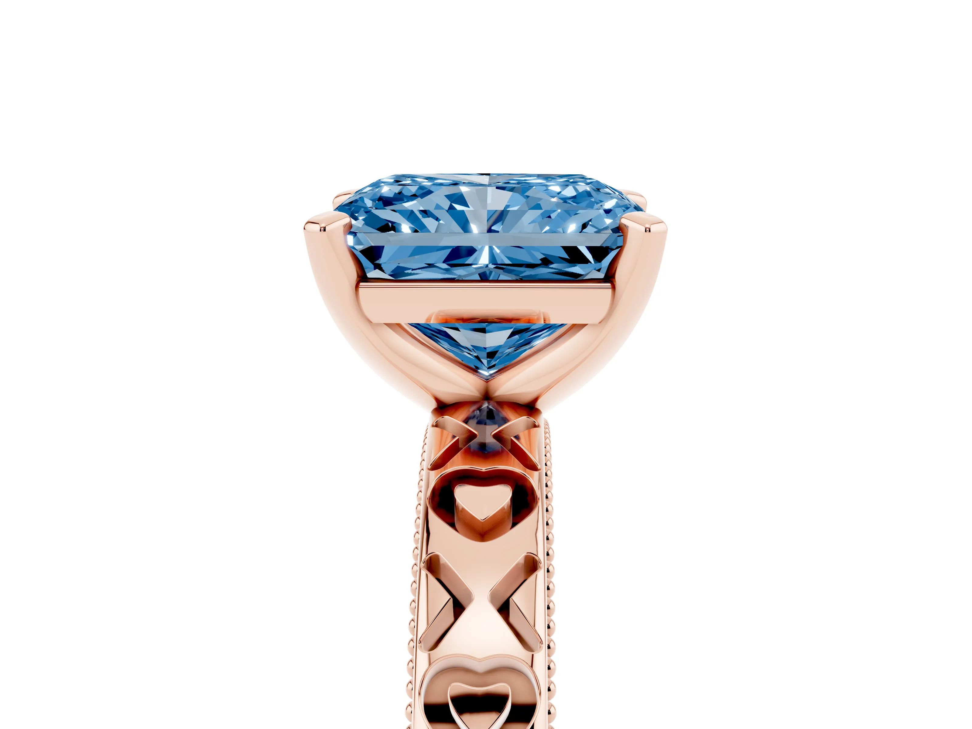 Fancy Blue Radiant Cut Diamond Solitaire Engagement Ring Set in Rose gold with XO Engraved Band and Prong Setting