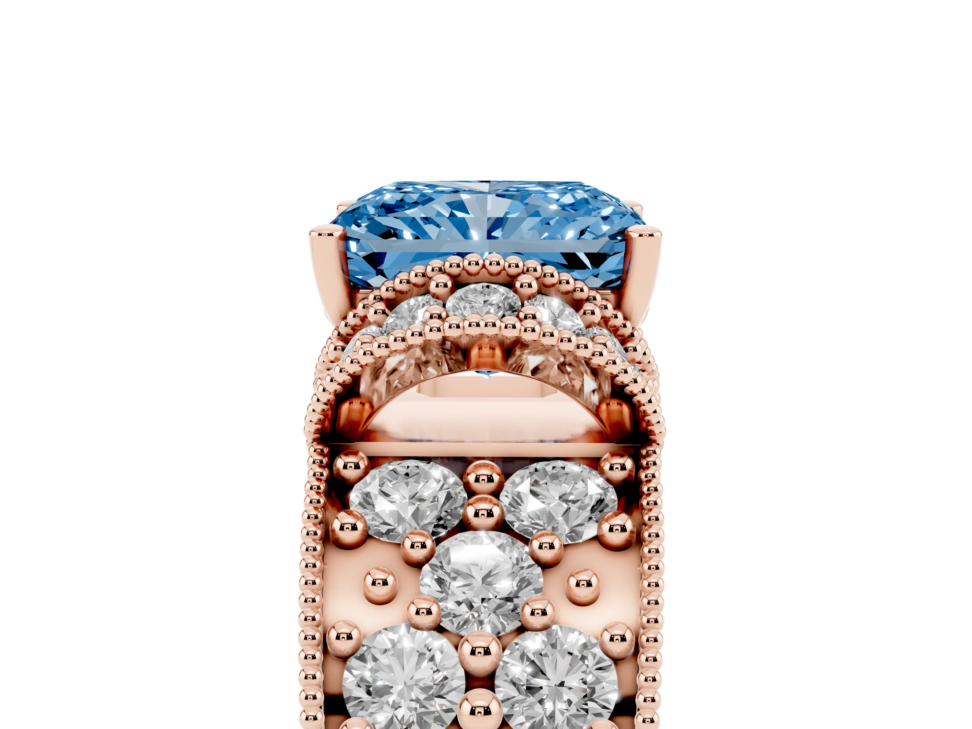 Fancy Blue Radiant Cut Diamond Milgrain Halo Pavé Engagement Ring Set in Rose gold with Prong Setting