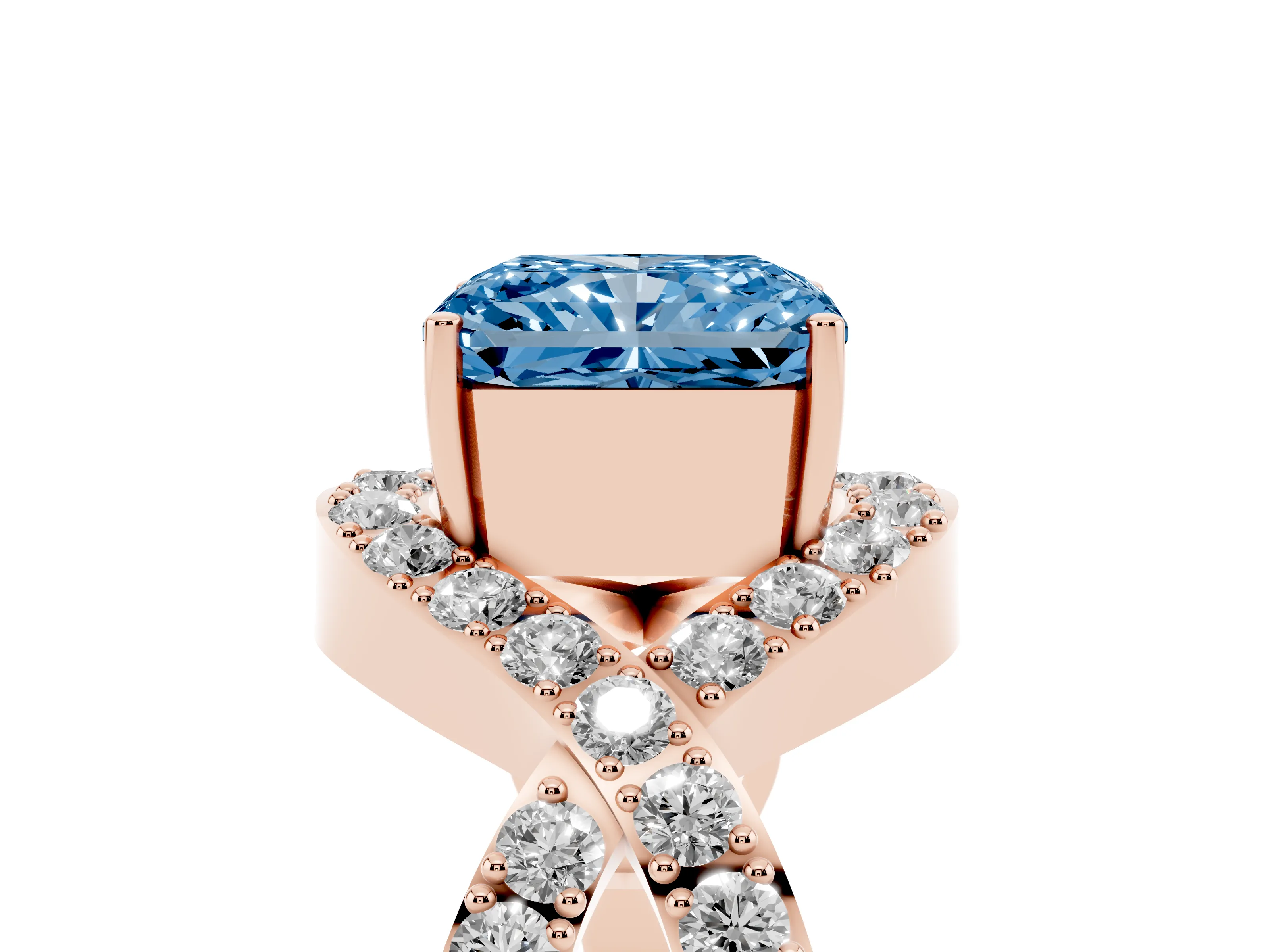 Fancy Blue Radiant Cut Diamond Solitaire Twist Band Pavé Engagement Ring Set in Rose gold