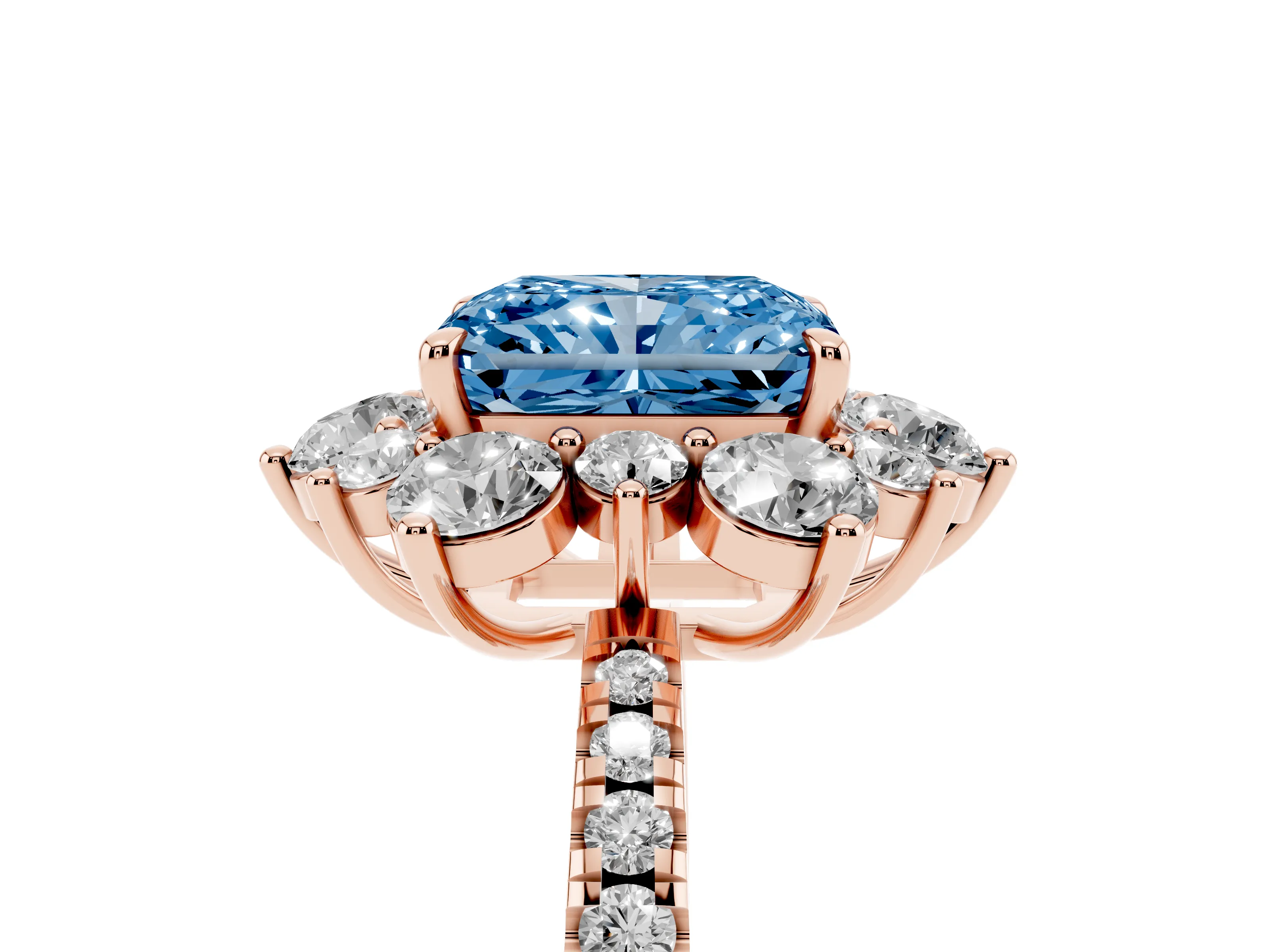 Fancy Blue Radiant Cut Diamond Floral Halo Ring Set in Rose gold with Round Pavé Band and Prong Setting