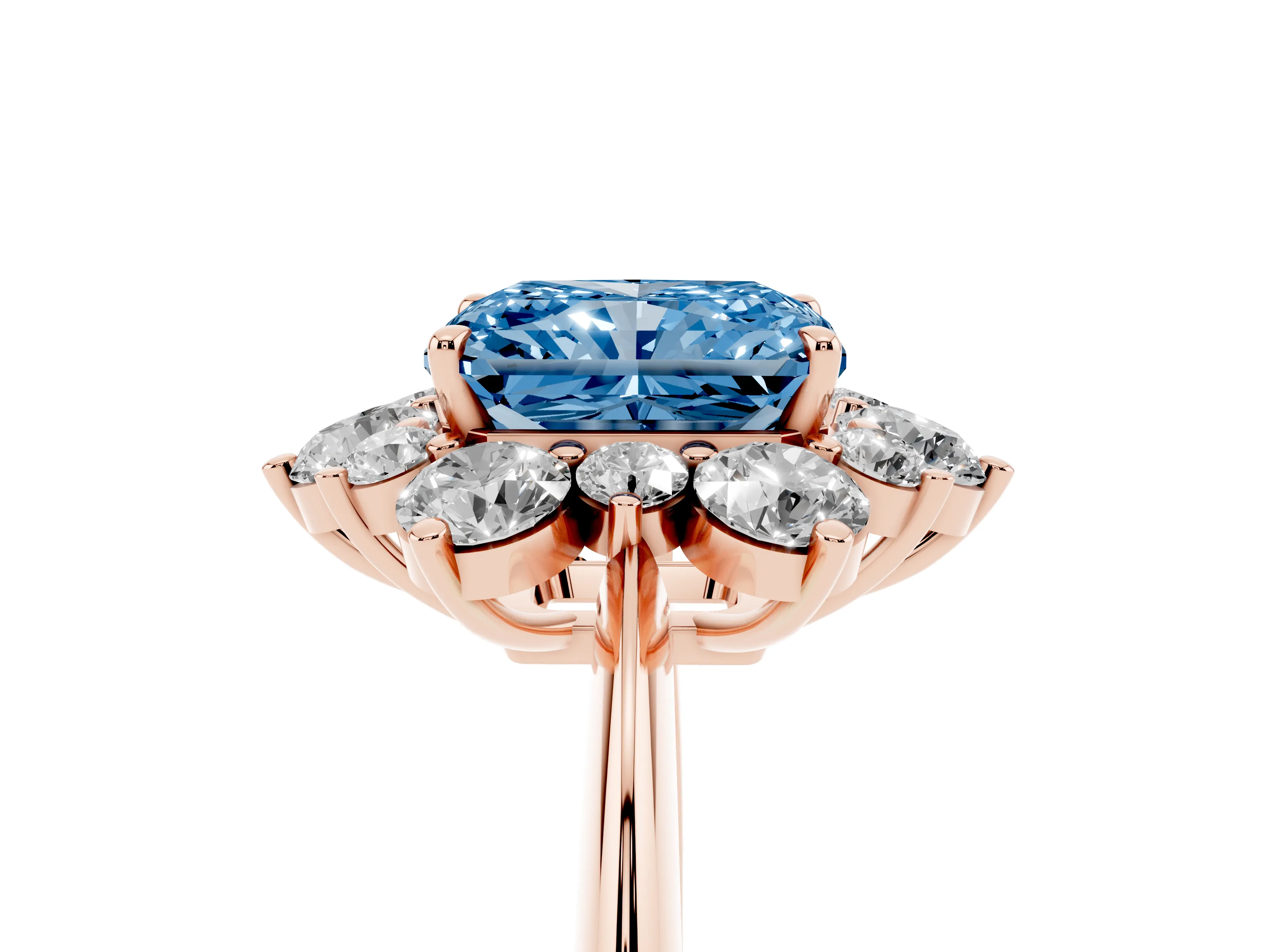 Fancy Blue Radiant Cut Diamond Cluster Halo Ring Set in Rose gold with Solitaire Band and Prong Setting