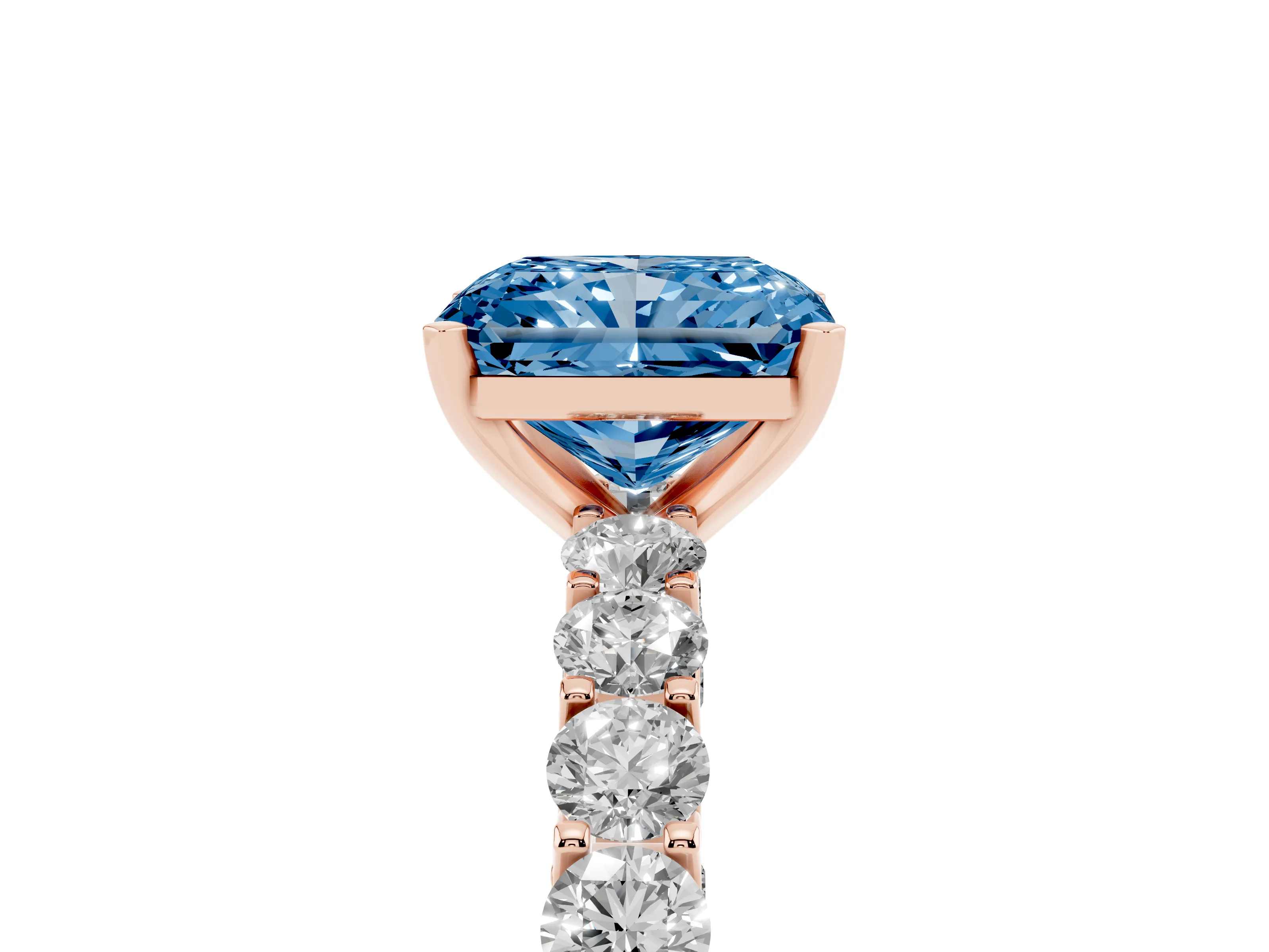 Fancy Blue Radiant Cut Diamond Solitaire Ring Set in Rose gold with Shared Prong Pavé Band