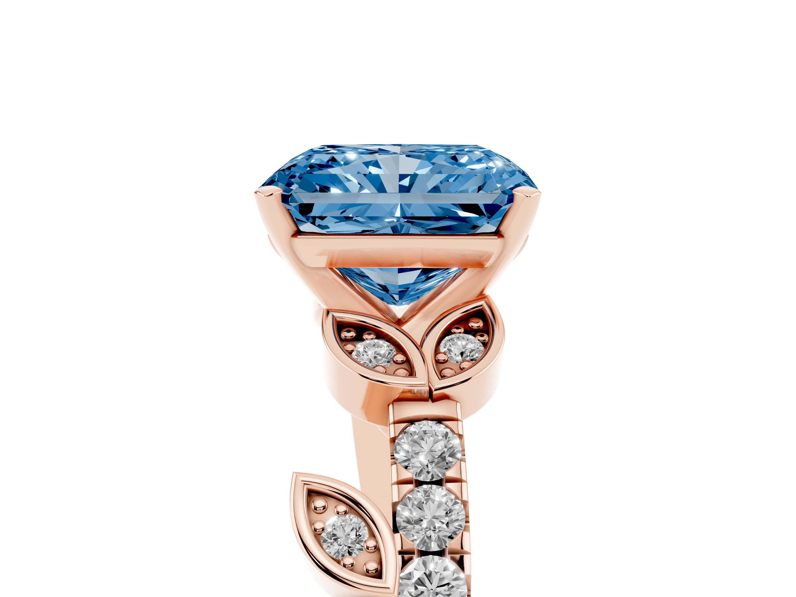 Fancy Blue Radiant Cut Diamond Solitaire Leaf-Inspired Ring Set in Rose gold with Pavé Band and Prong Setting