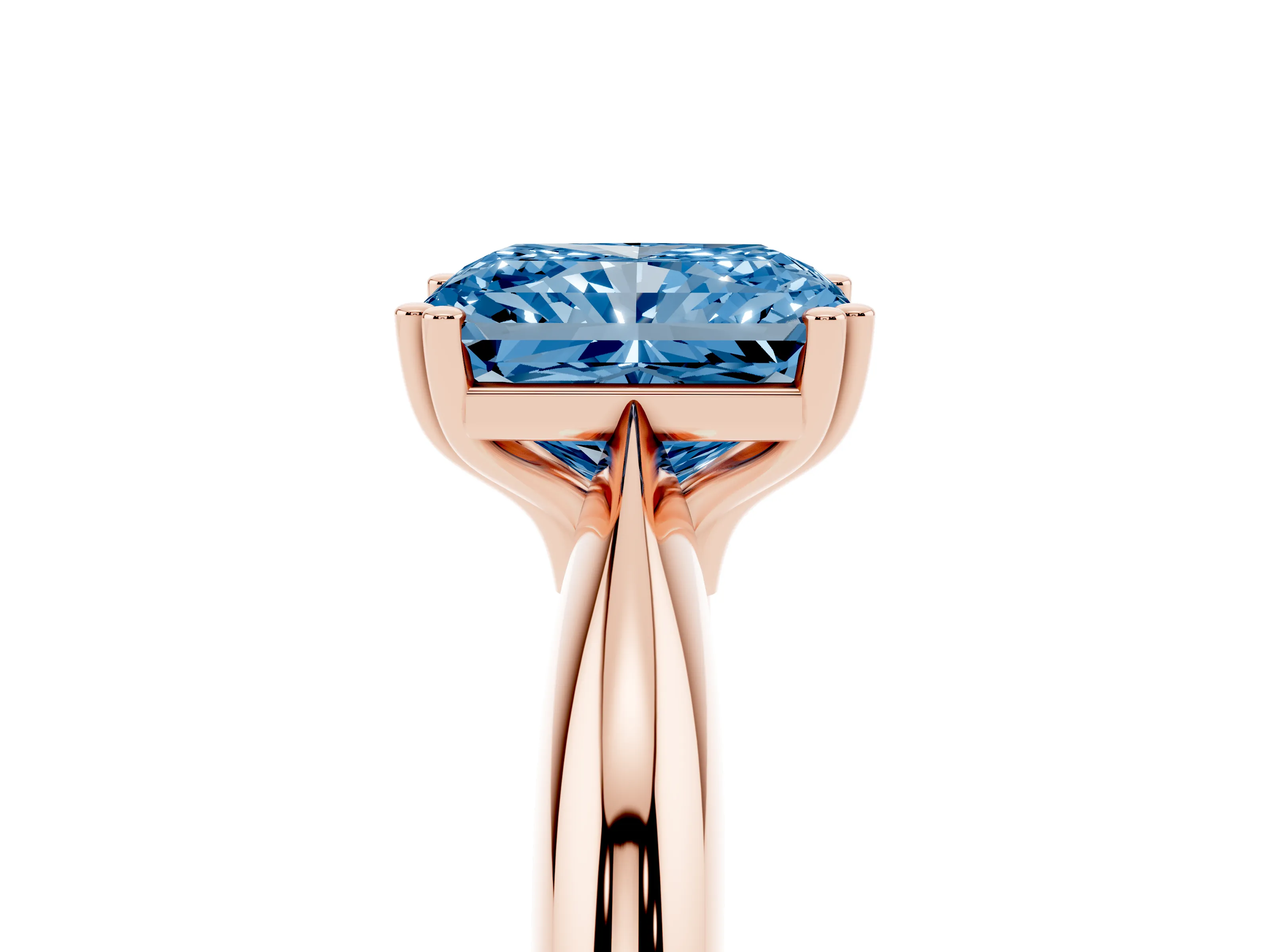 Fancy Blue Radiant Cut Diamond Solitaire Engagement Ring Set in Rose gold with Tapered Band and Prong Setting
