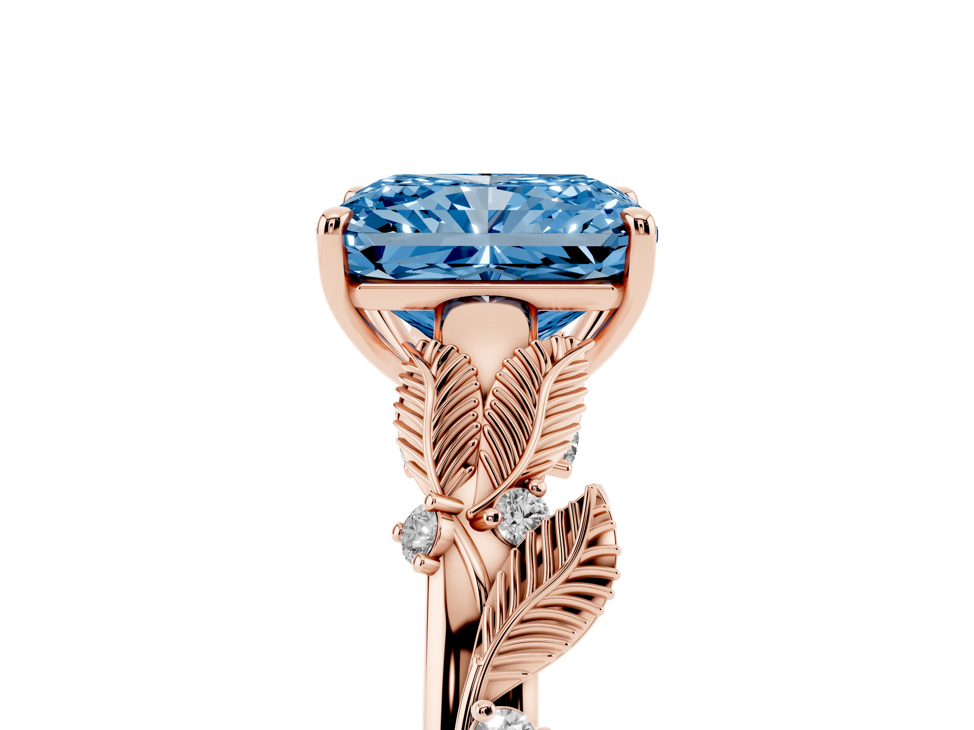 Fancy Blue Radiant Cut Diamond Solitaire Ring Set in Rose gold with Leaf Motif Band