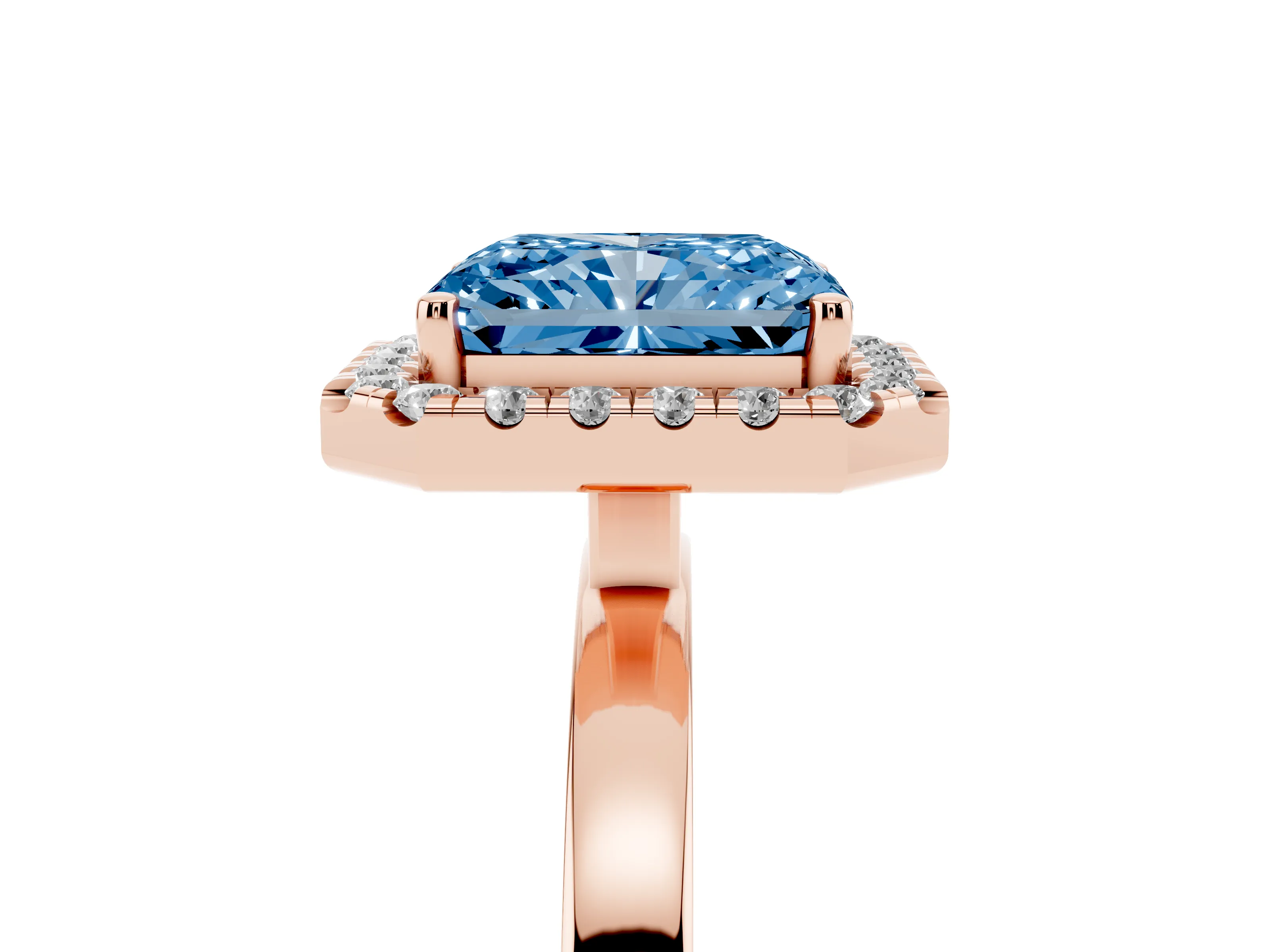 Fancy Blue Radiant Cut Diamond Halo Solitaire Ring Set in Rose gold with Pavé Band and Prong Setting