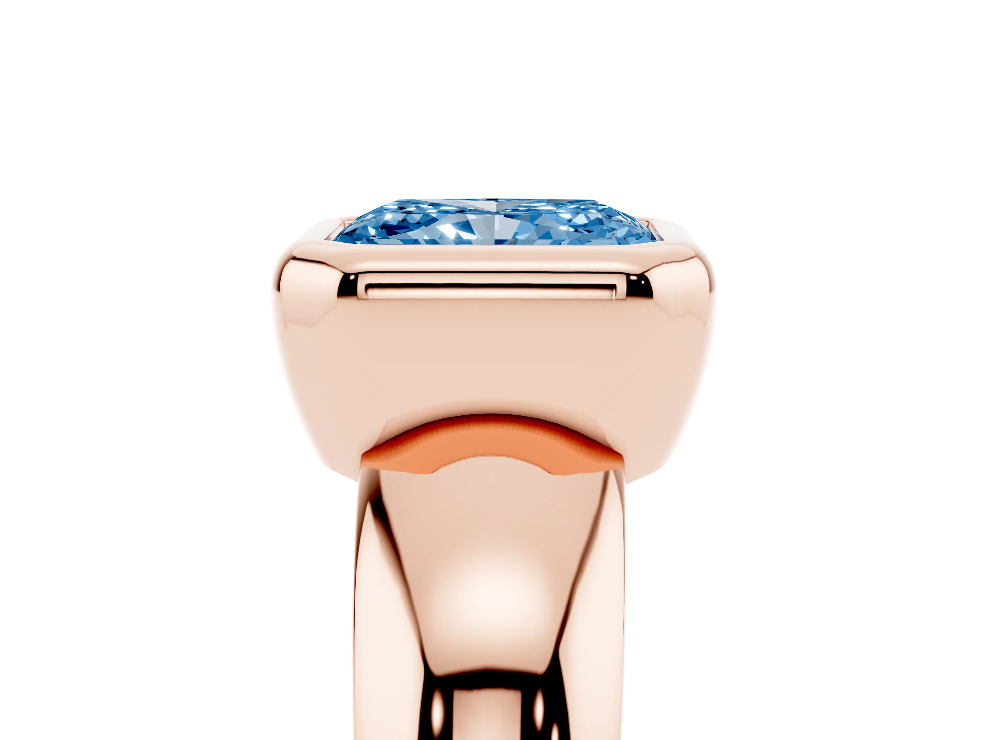 Fancy Blue Bezel Set Radiant Cut Diamond Solitaire Ring Set in Rose gold with Wide Band