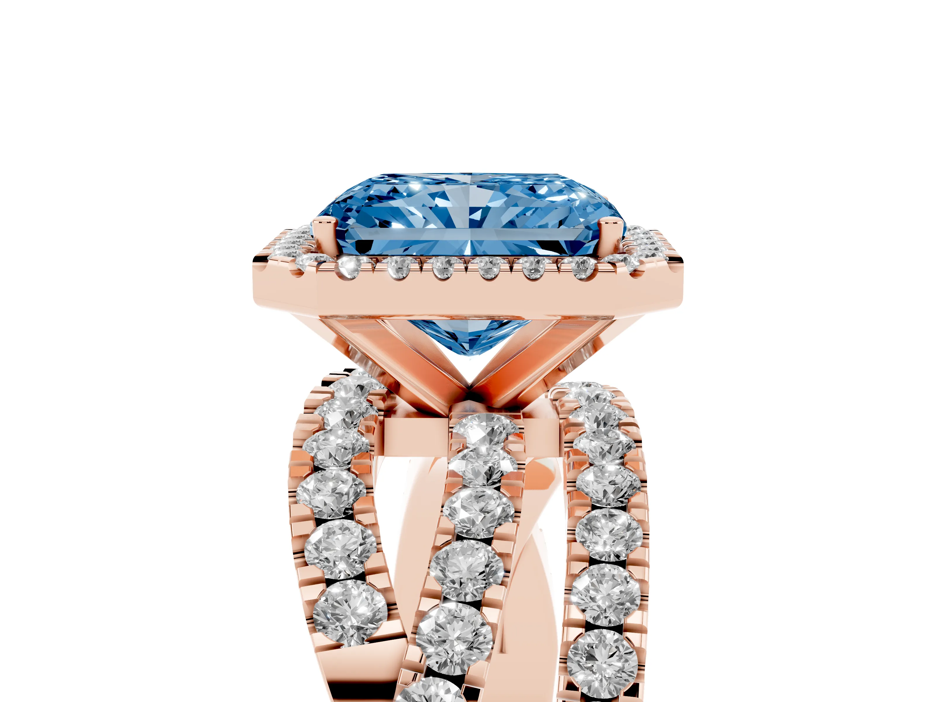 Fancy Blue Radiant Cut Diamond Halo Ring Set in Rose gold with Round Crossover Split Shank and Prong Setting