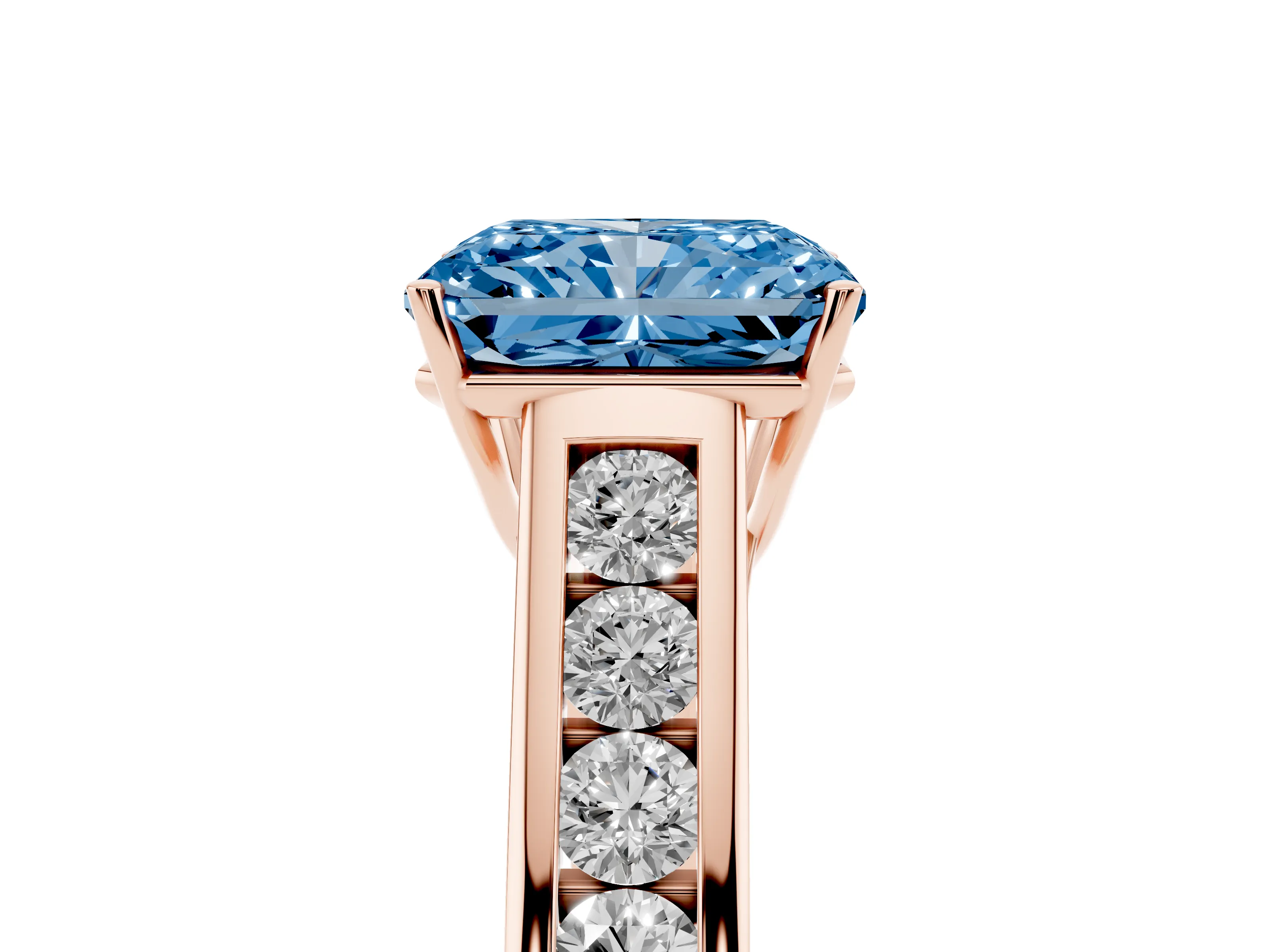 Fancy Blue Radiant Cut Diamond Brilliant Channel-Set Solitaire Ring Set in Rose gold with Prong Setting