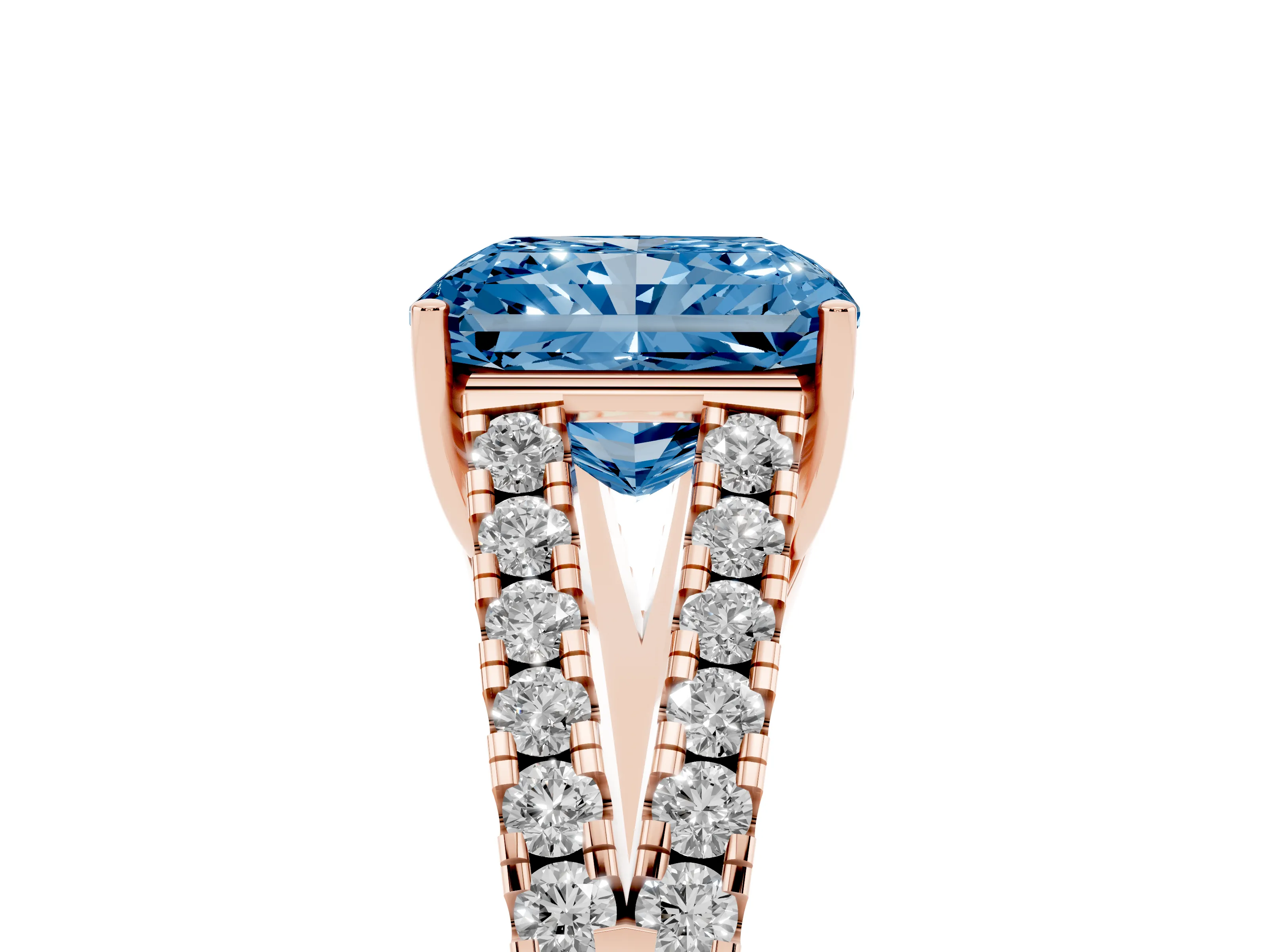 Fancy Blue Radiant Cut Diamond Split Shank Pavé Engagement Ring Set in Rose gold with Prong-Held Center Stone