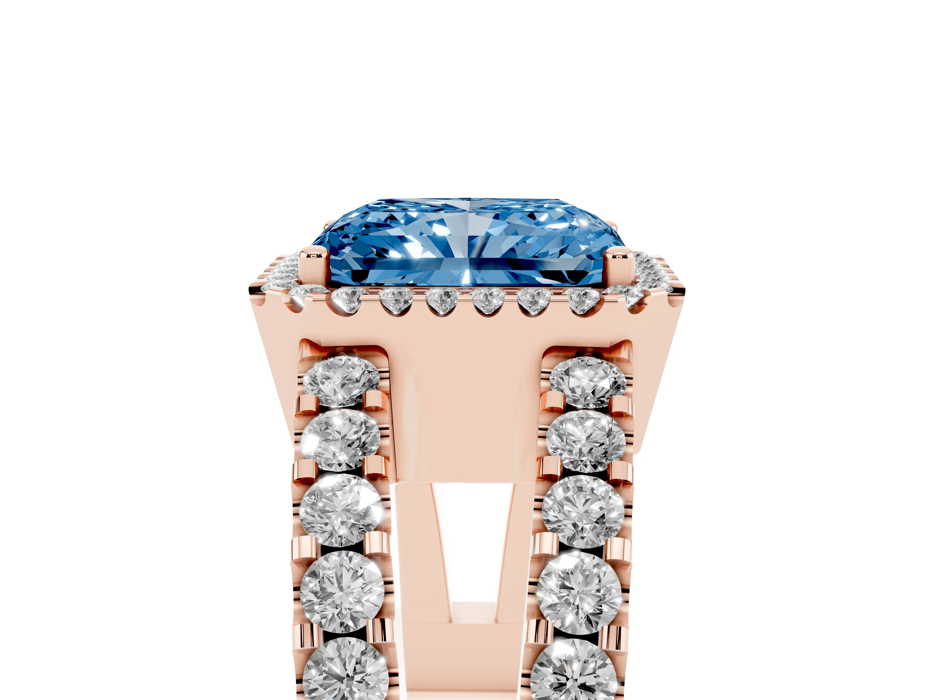 Fancy Blue Radiant Cut Diamond Halo Ring Set in Rose gold with Pavé Split Shank and Prong Setting