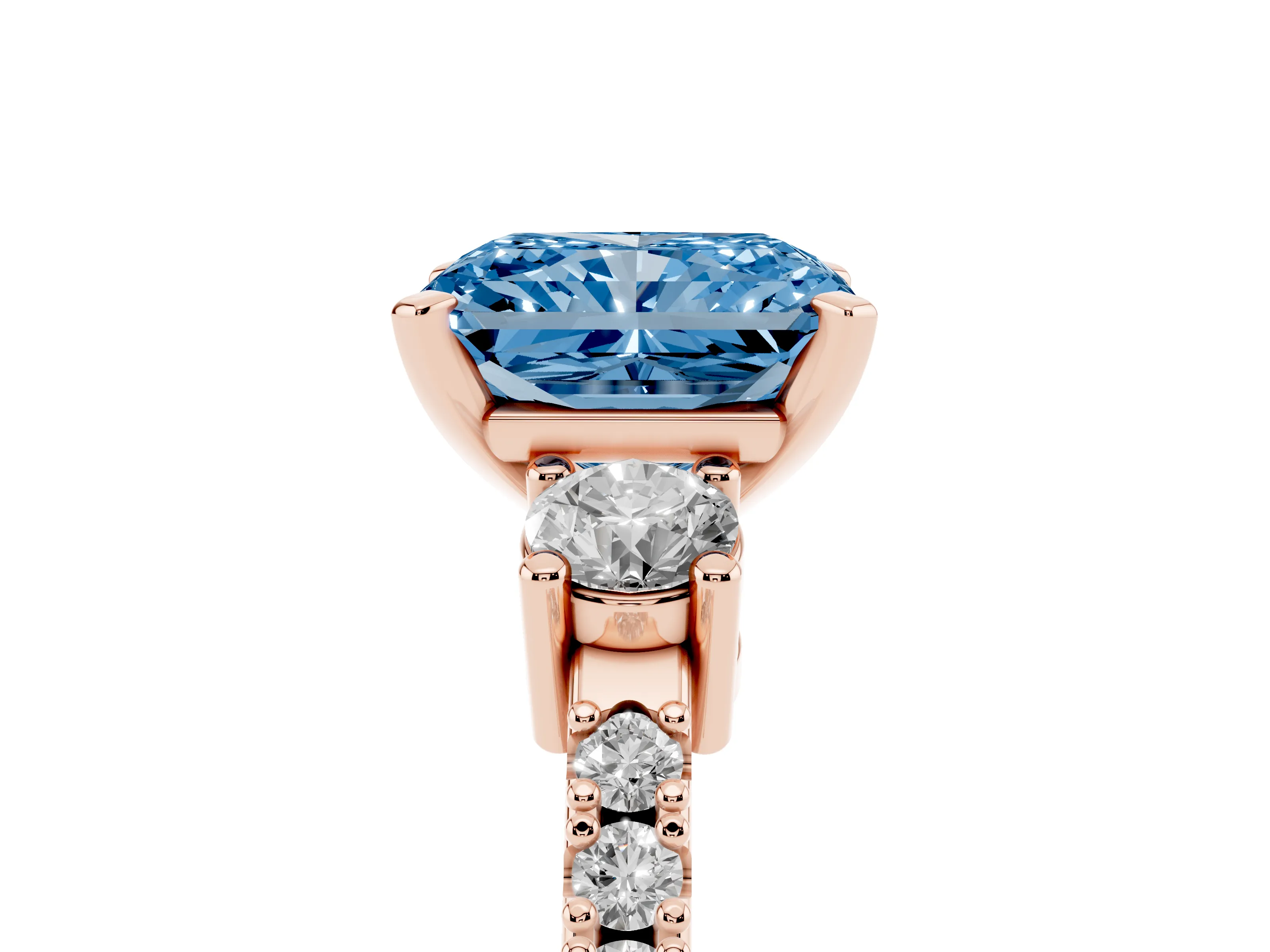 Fancy Blue Three-Stone Radiant Cut Diamond Pavé Band Ring Set in Rose gold with Prong Setting