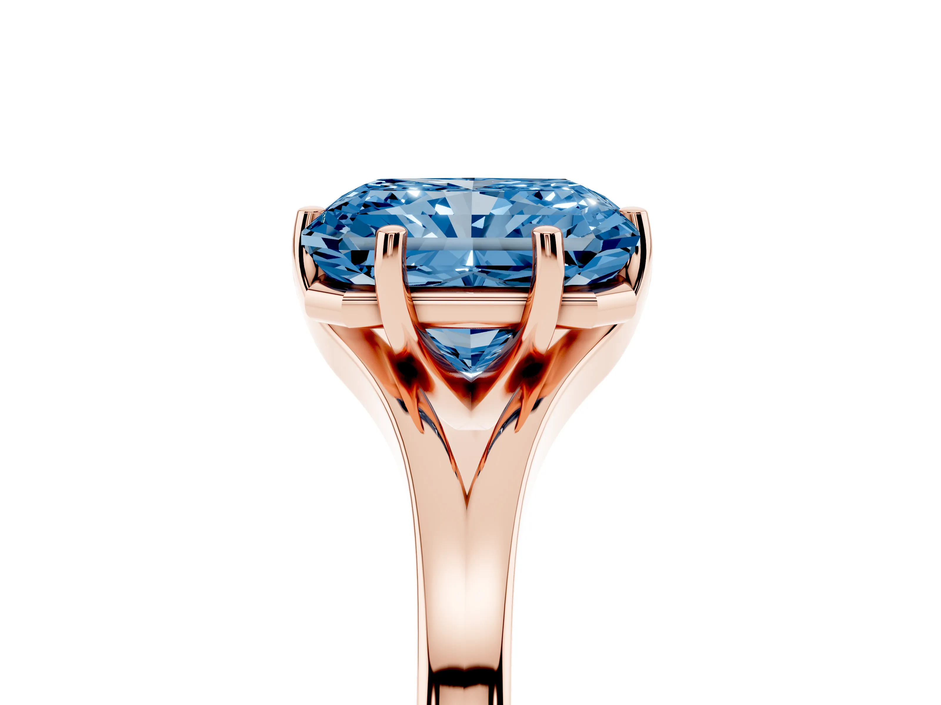 Fancy Blue Radiant Cut Diamond Solitaire Ring Set in Rose gold with Polished Tapered Band and Prong Setting