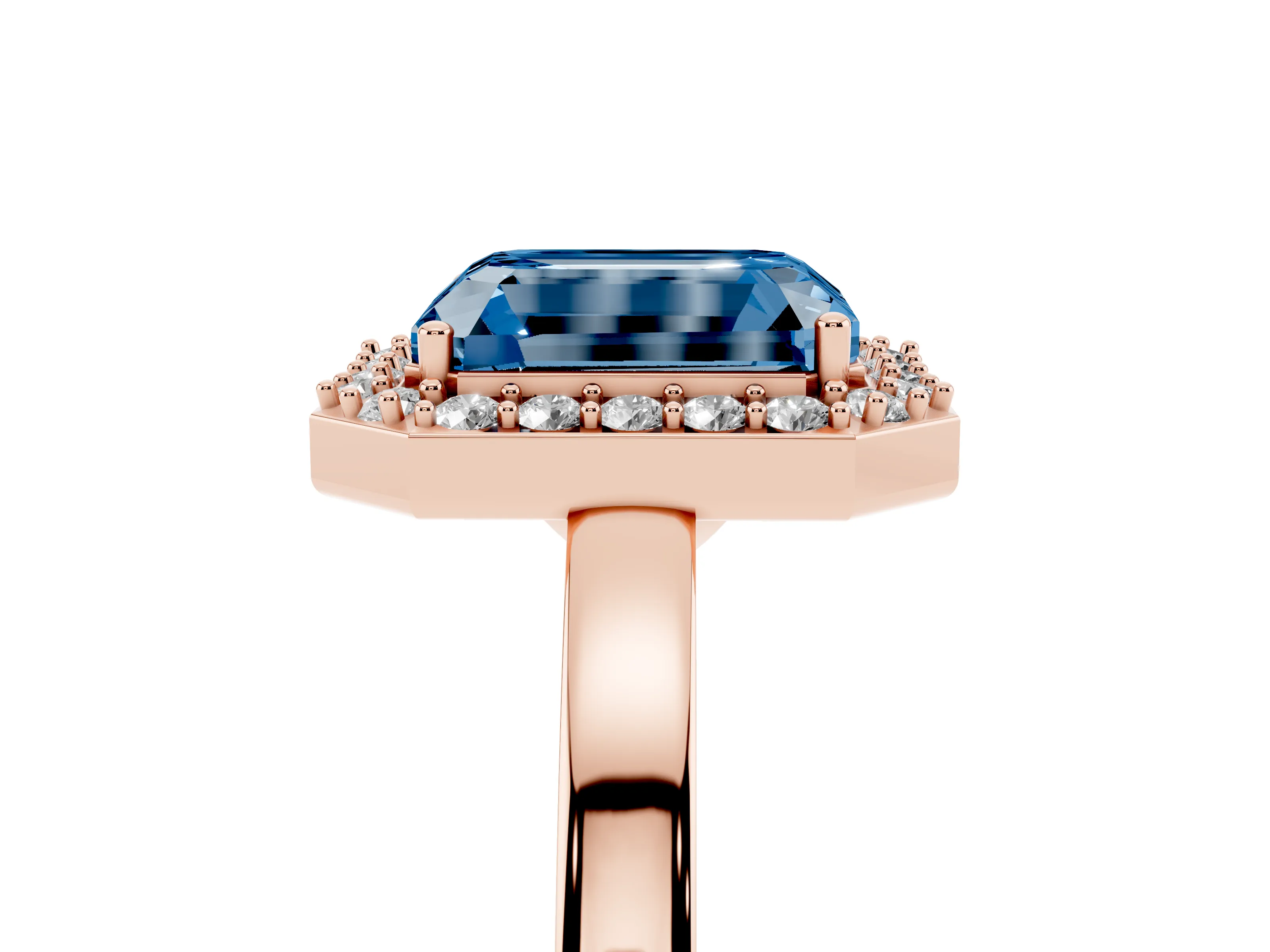 Fancy Blue Radiant Cut Diamond Halo Ring Set in Rose gold with Solitaire Band and Prong Setting