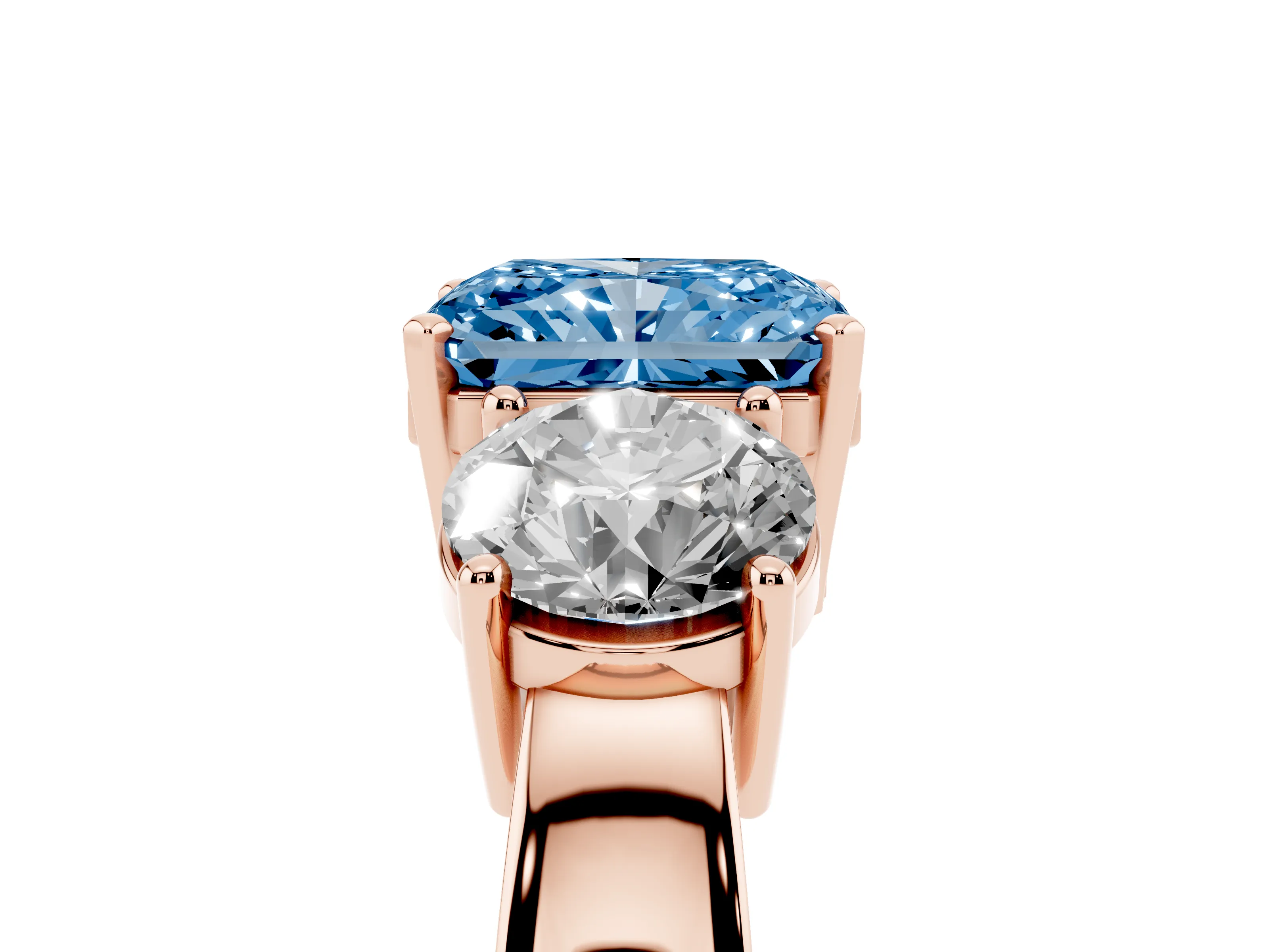 Fancy Blue Radiant Cut Diamond Three-Stone Ring Set in Rose gold with Round Side Stones and Classic Band