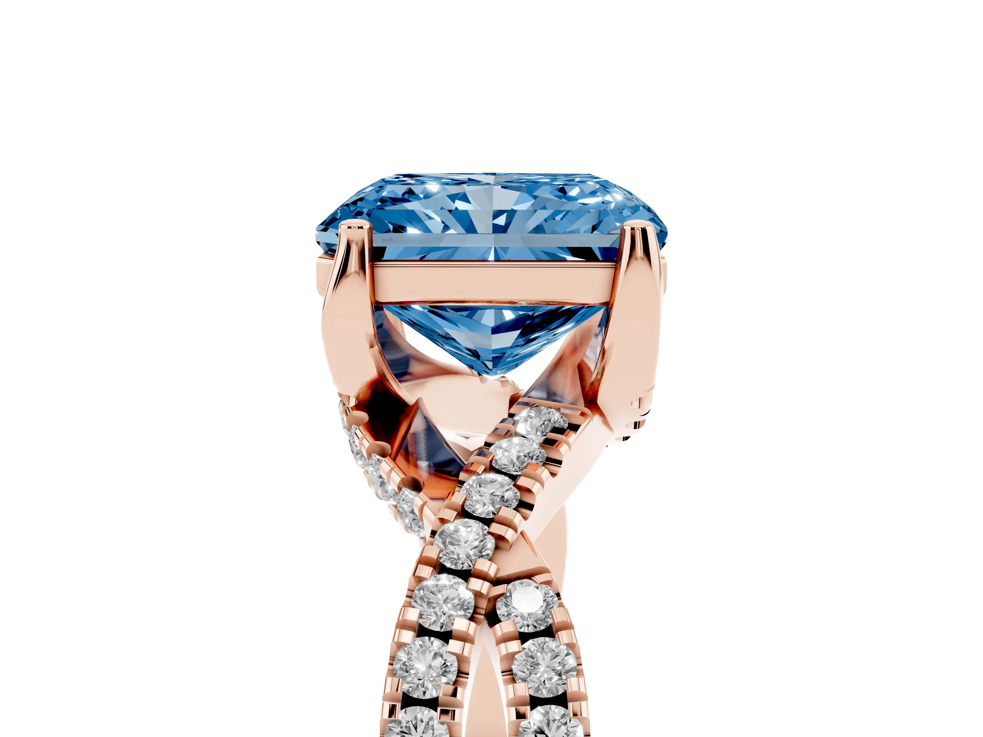Fancy Blue Radiant Cut Diamond Twist Pavé Solitaire Engagement Ring Set in Rose gold with Prong Setting