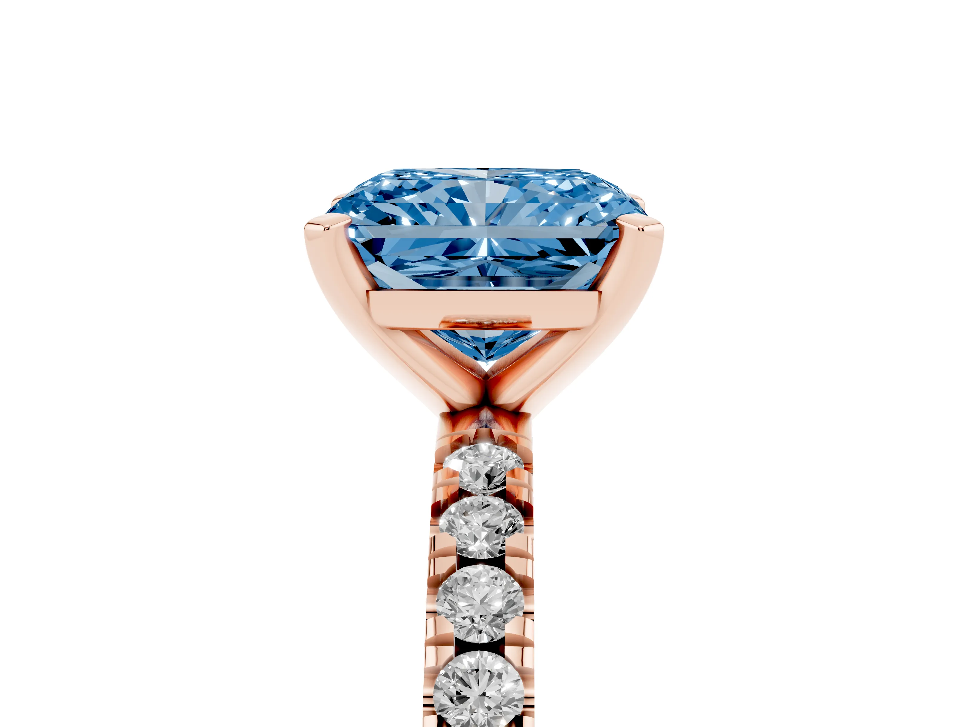 Fancy Blue Radiant Cut Diamond Pavé Band Solitaire Set in Rose gold with Prong Setting