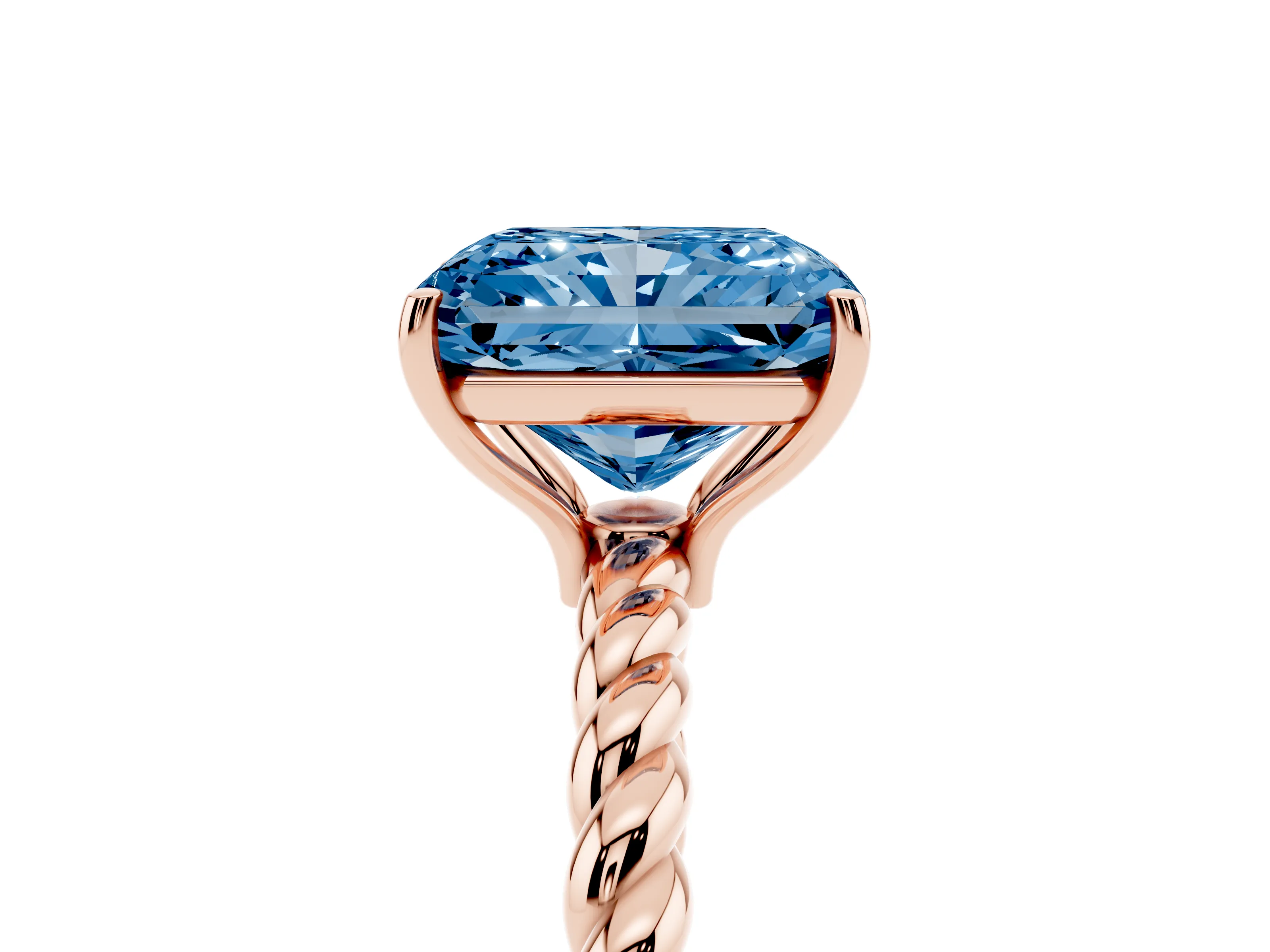 Fancy Blue Radiant Cut Diamond Solitaire Ring Set in Rose gold with Twist Band and Prong Setting