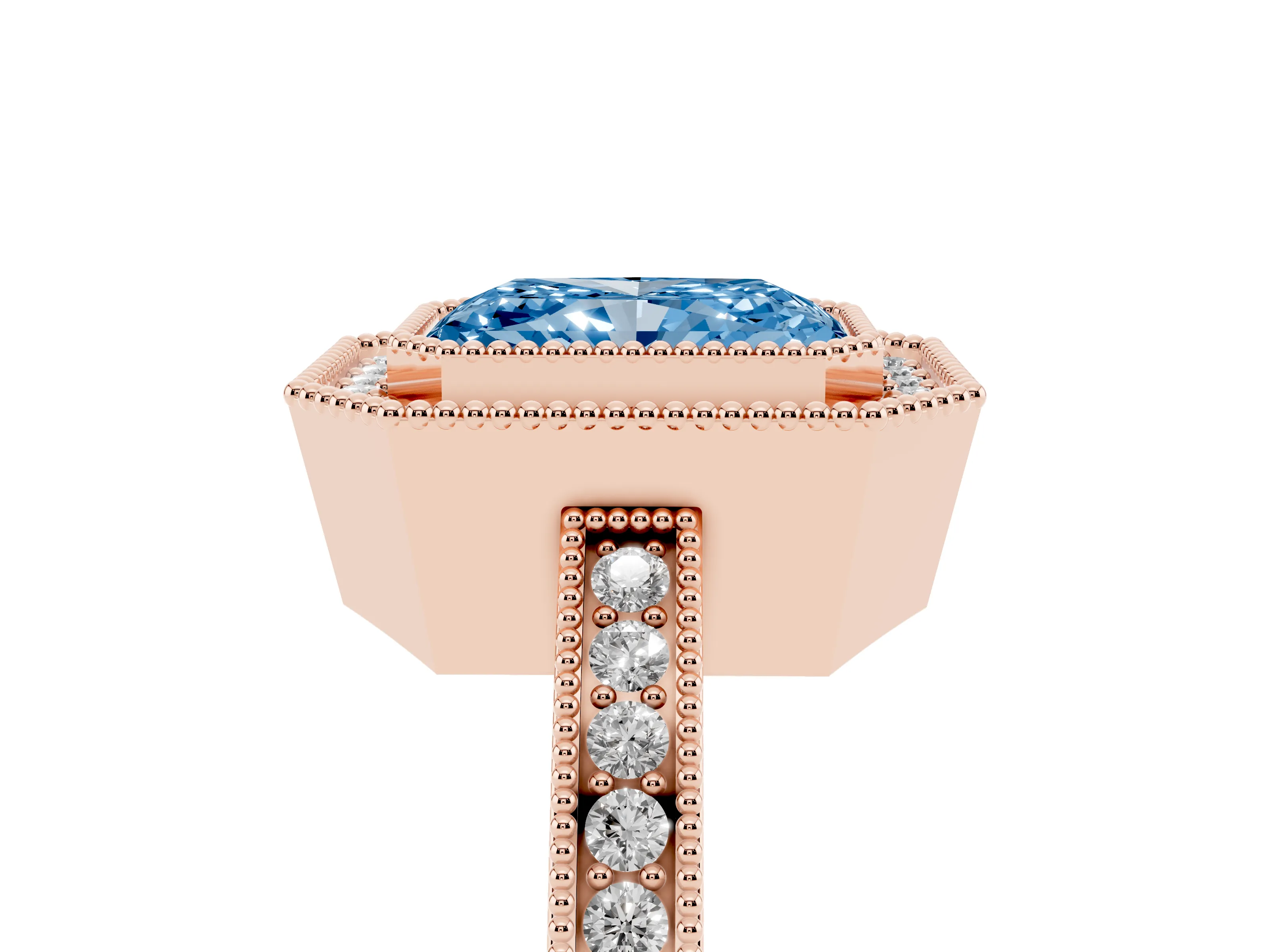 Fancy Blue Radiant Cut Diamond Halo Ring Set in Rose gold with Pavé Band and Milgrain-Edged Prongs