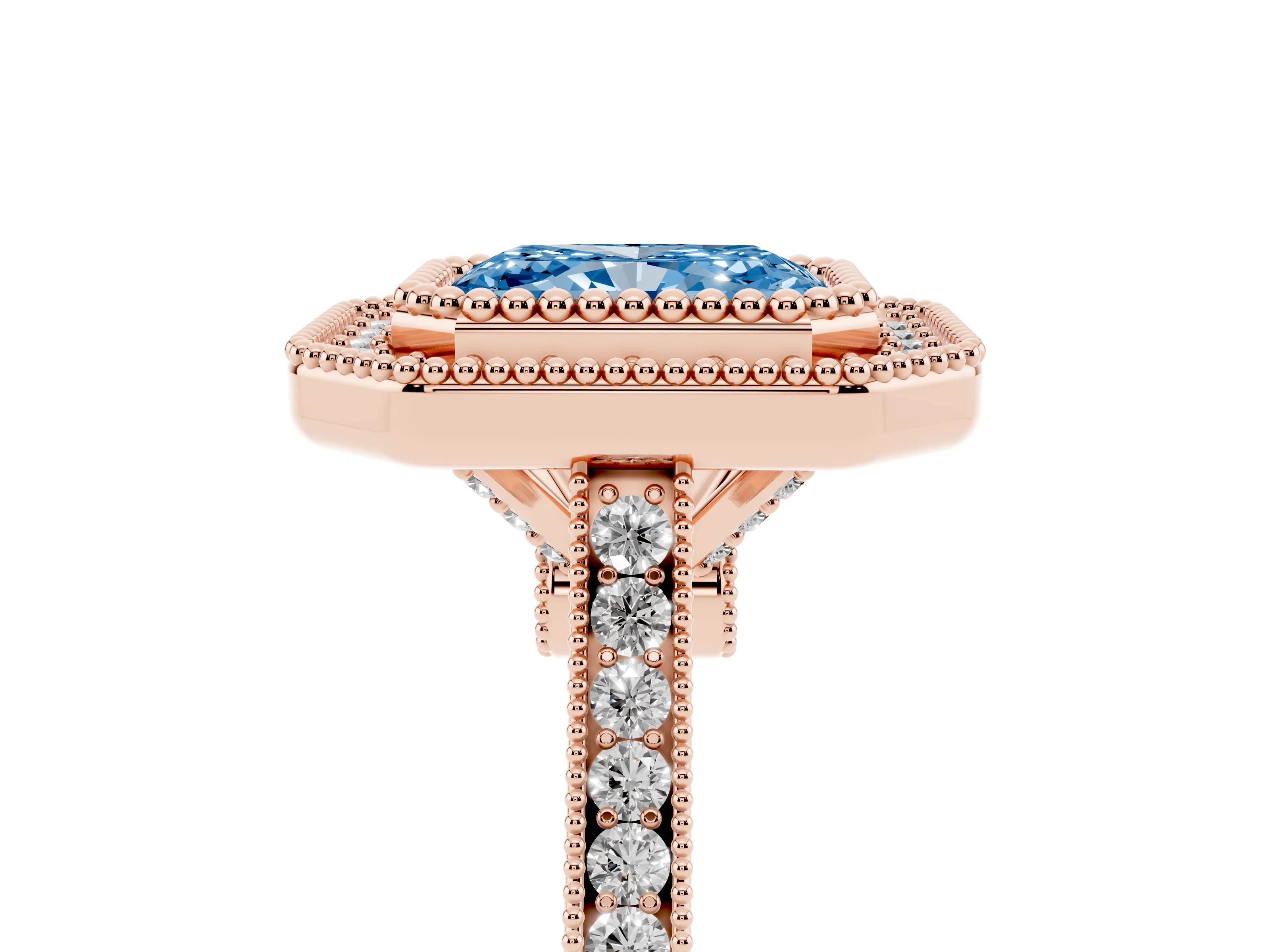 Fancy Blue Radiant Cut Diamond Halo Ring Set in Rose gold with Milgrain Frame and Pavé Band
