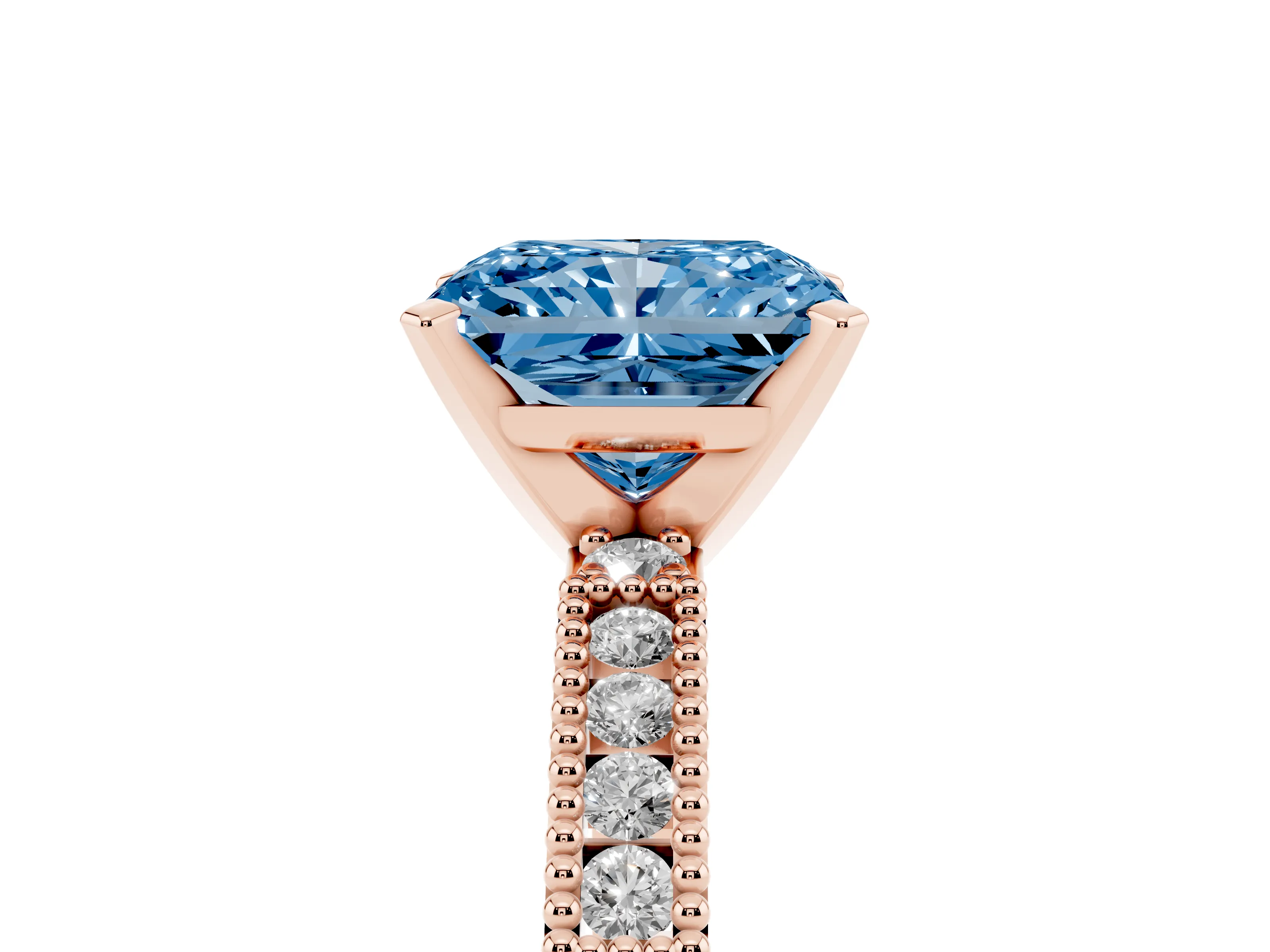 Fancy Blue Radiant Cut Diamond Solitaire Ring Set in Rose gold with Slim Pavé Band and Prong Setting