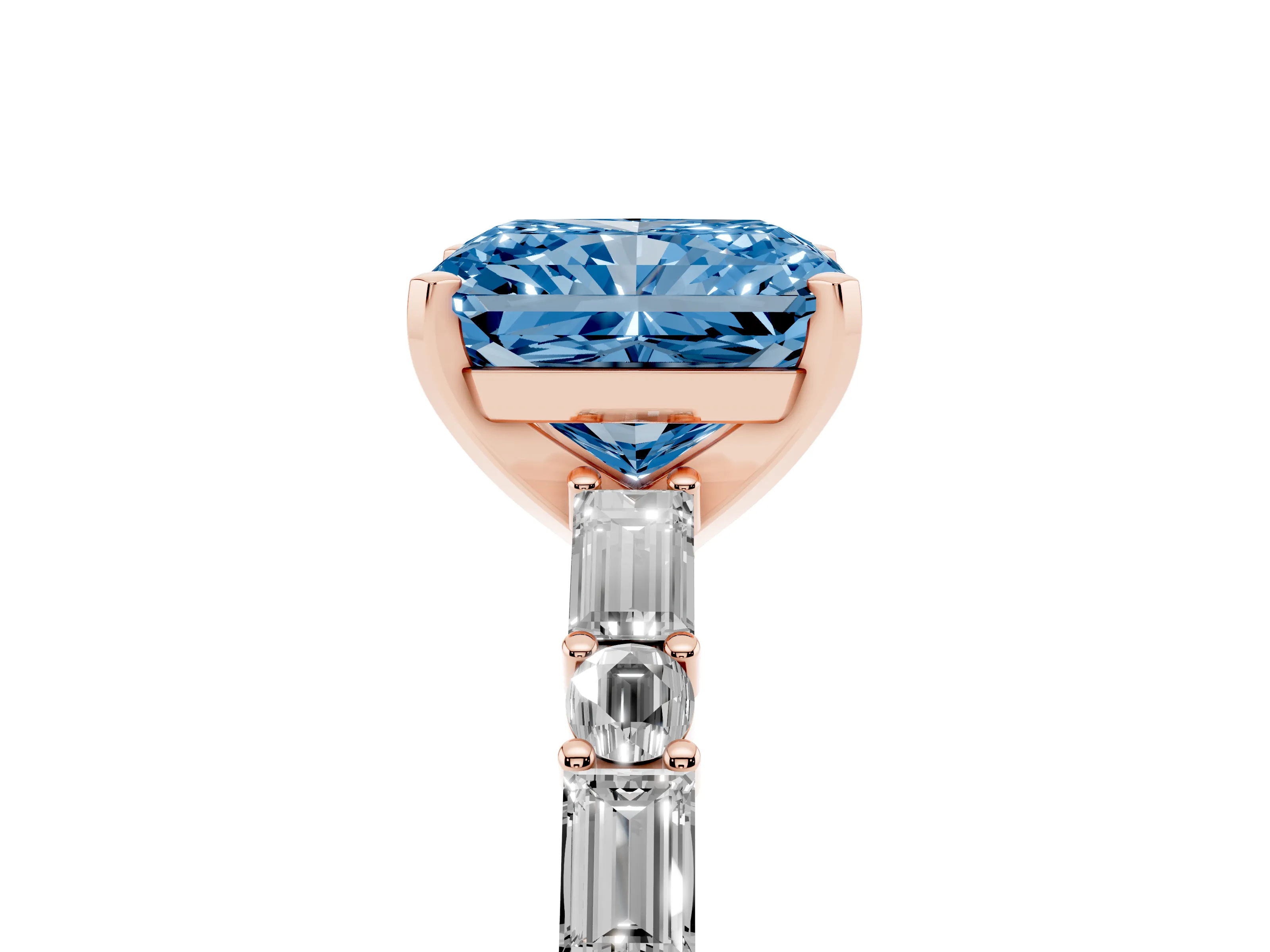Fancy Blue Radiant Cut Diamond Solitaire Set in Rose gold with Side Baguettes and Channel Set Band