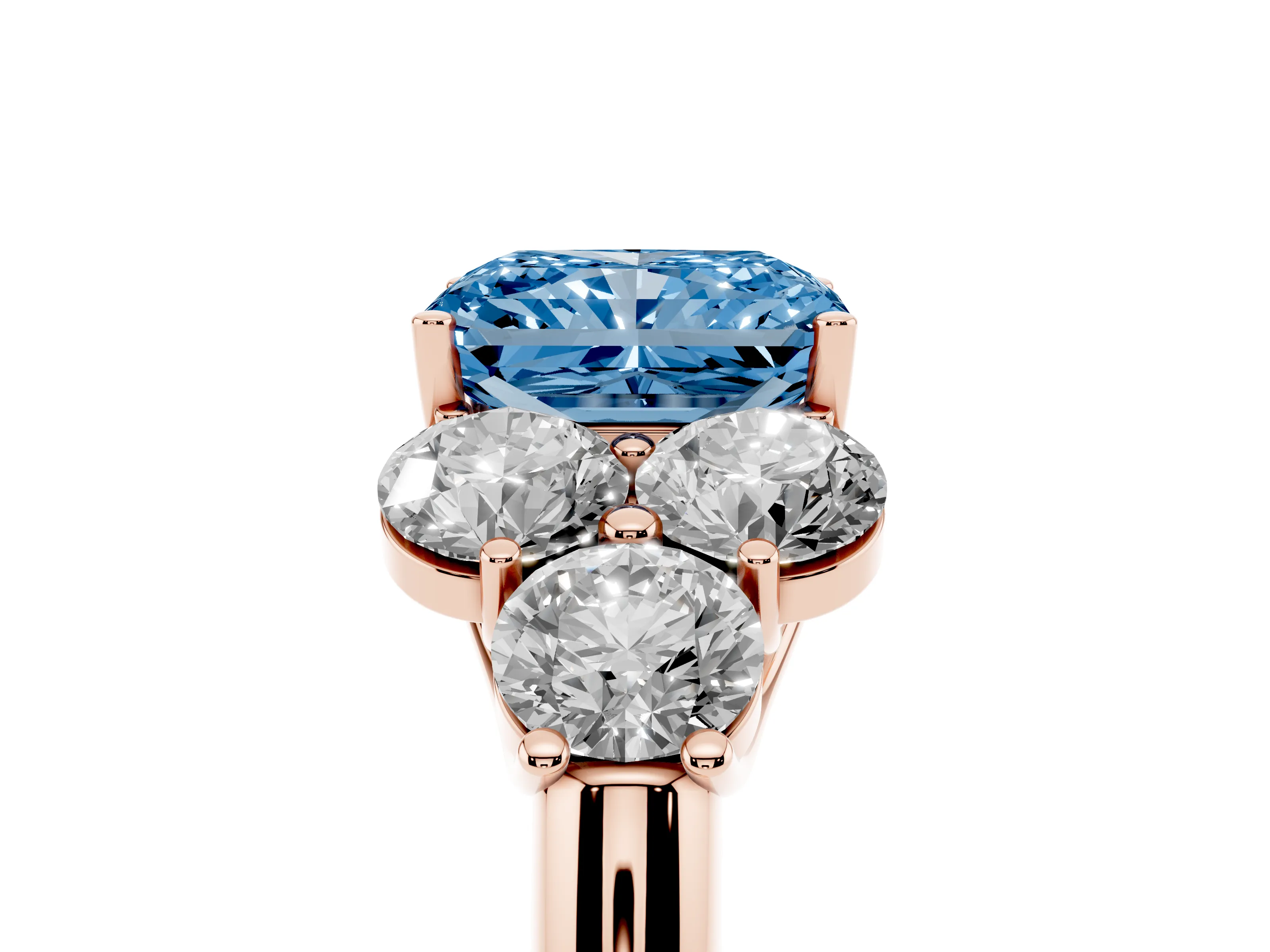 Fancy Blue Radiant Cut Diamond Cluster Ring Set in Rose gold with Round Accent Stones and Prong Setting on a Plain Band