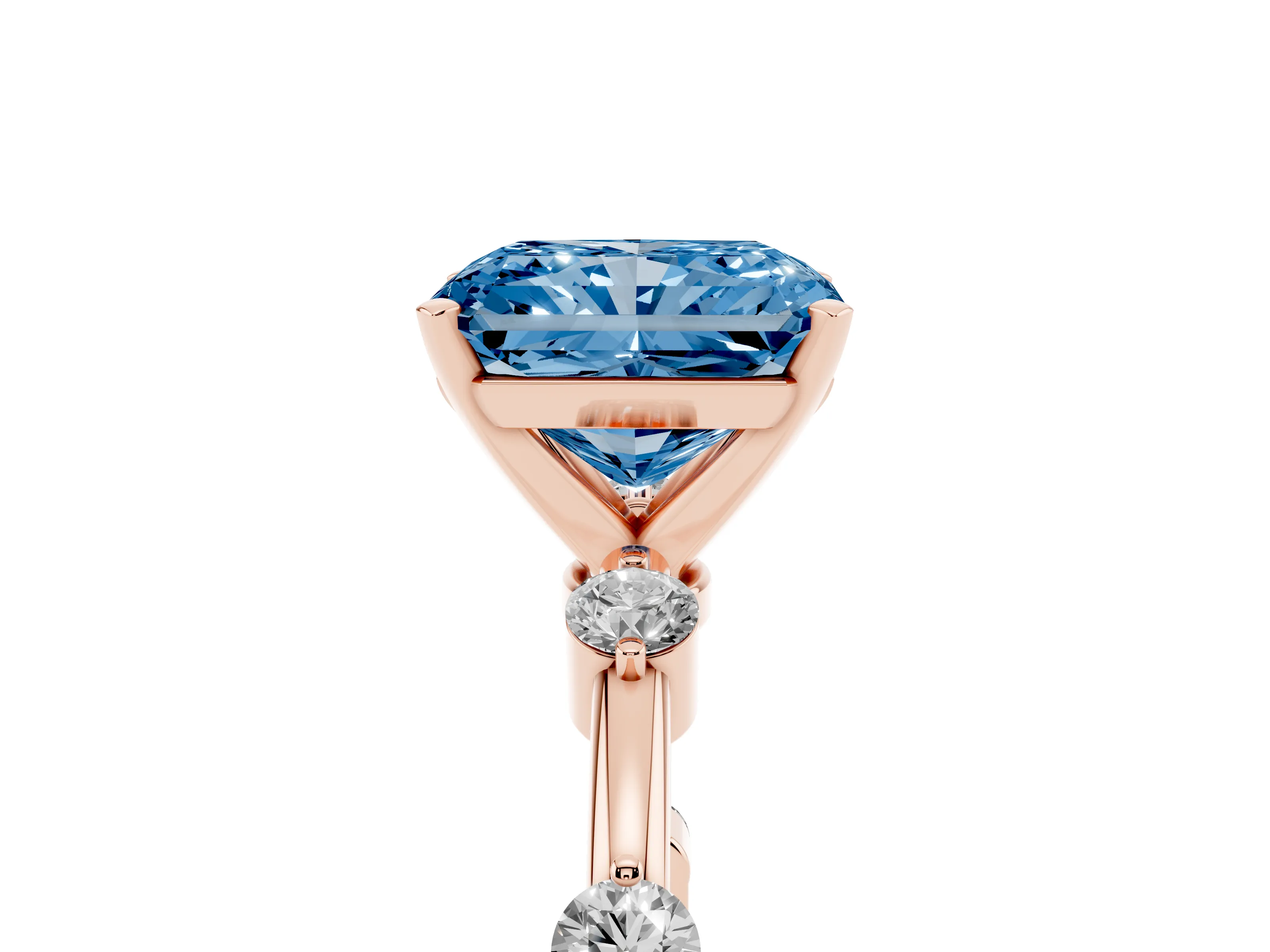 Fancy Blue Radiant Cut Diamond Solitaire Ring Set in Rose gold with Bezel Set Side Stones and Prong Setting