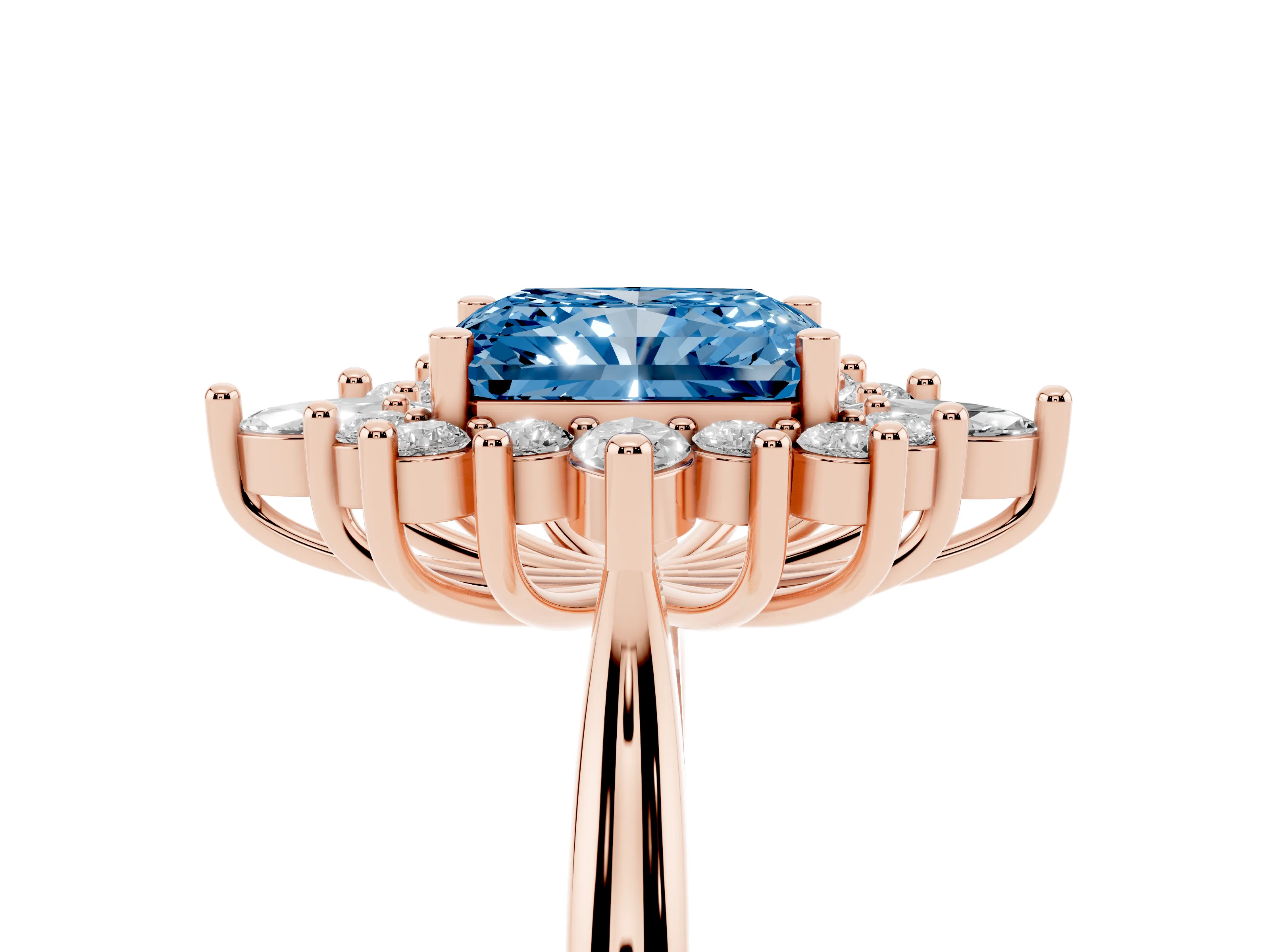 Fancy Blue Radiant Cut Diamond Cluster Halo Ring Set in Rose gold with Marquise and Round Accents