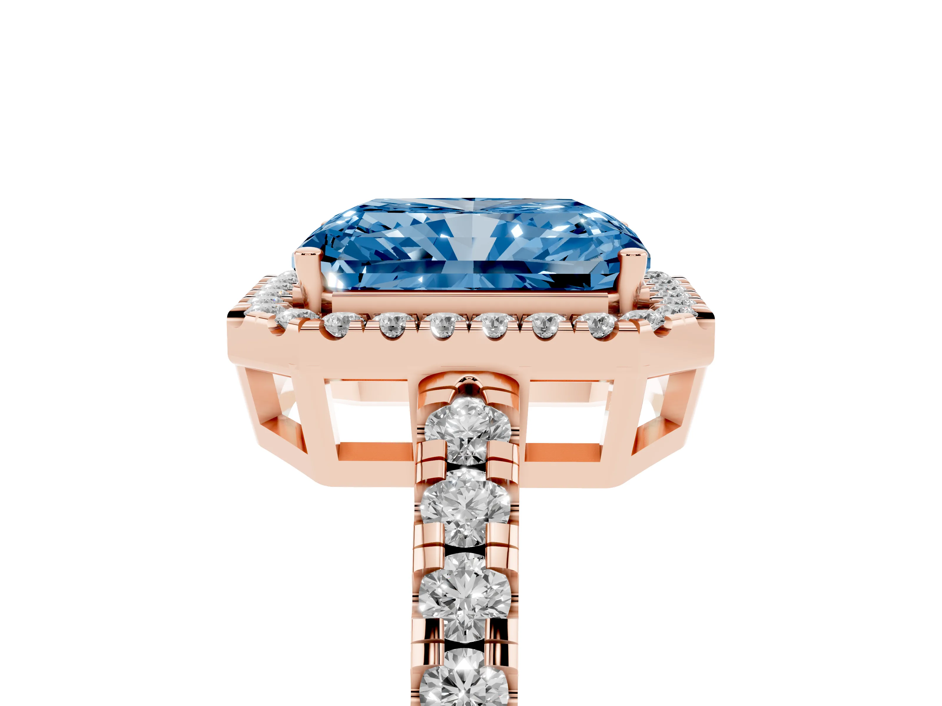 Fancy Blue Radiant Cut Diamond Halo Ring Set in Rose gold with Delicate Pavé Band and Prong Setting