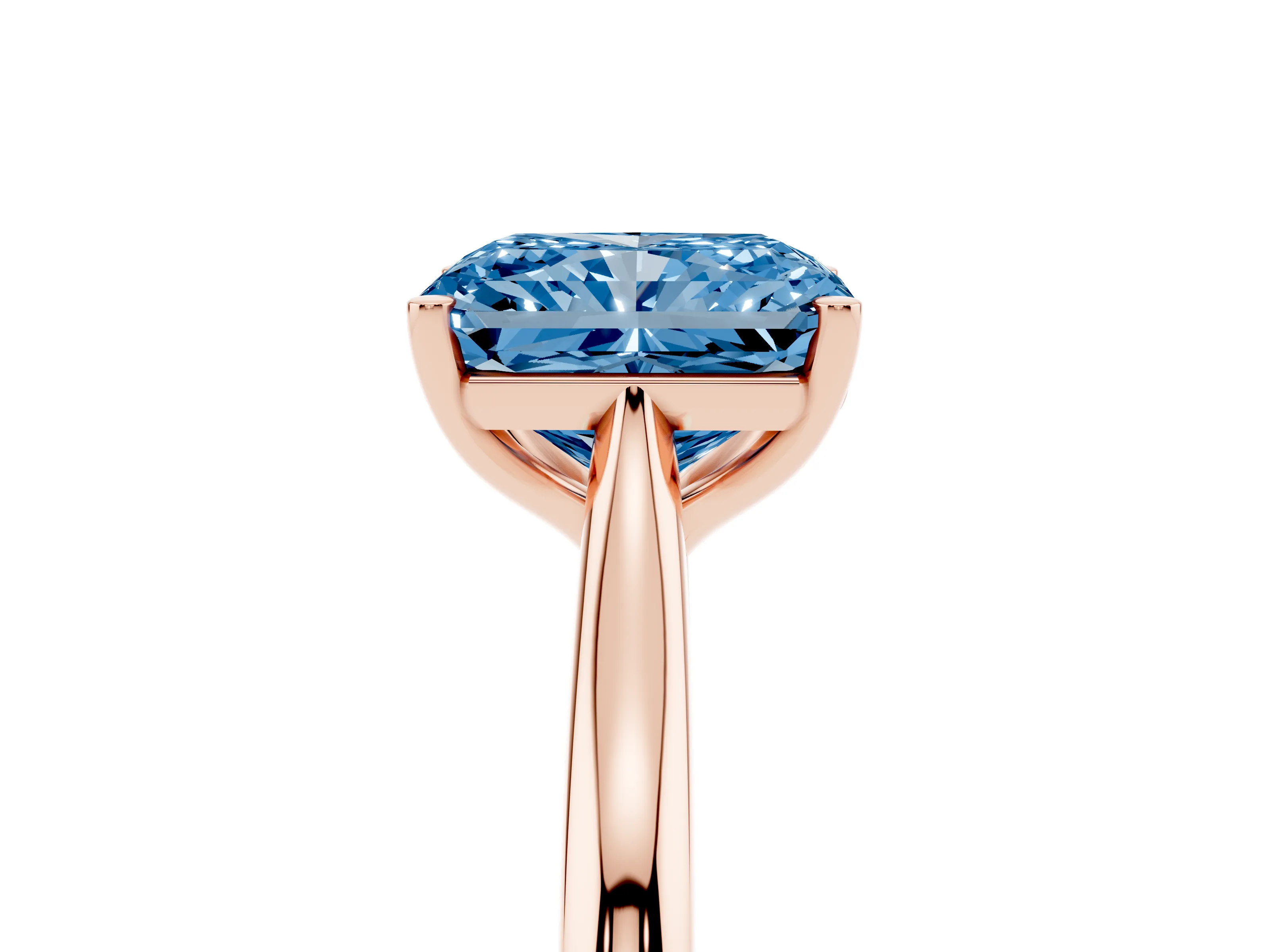 Fancy Blue Radiant Cut Diamond Solitaire Ring Set in Rose gold with Cathedral Band and Prong Setting