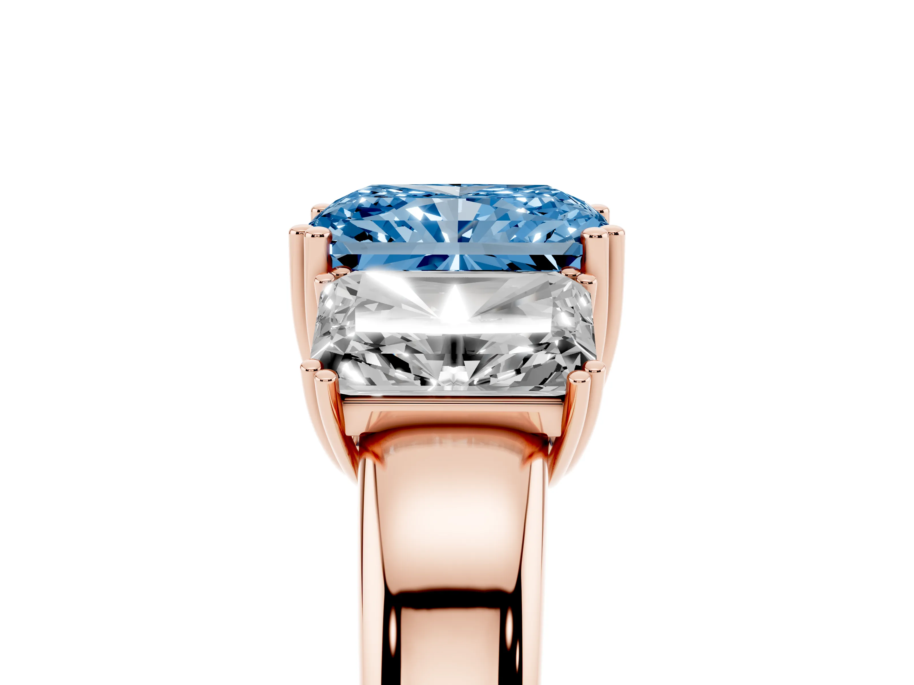Fancy Blue Radiant Cut Diamond Three-Stone Ring Set in Rose gold with Polished Channel-Set Band