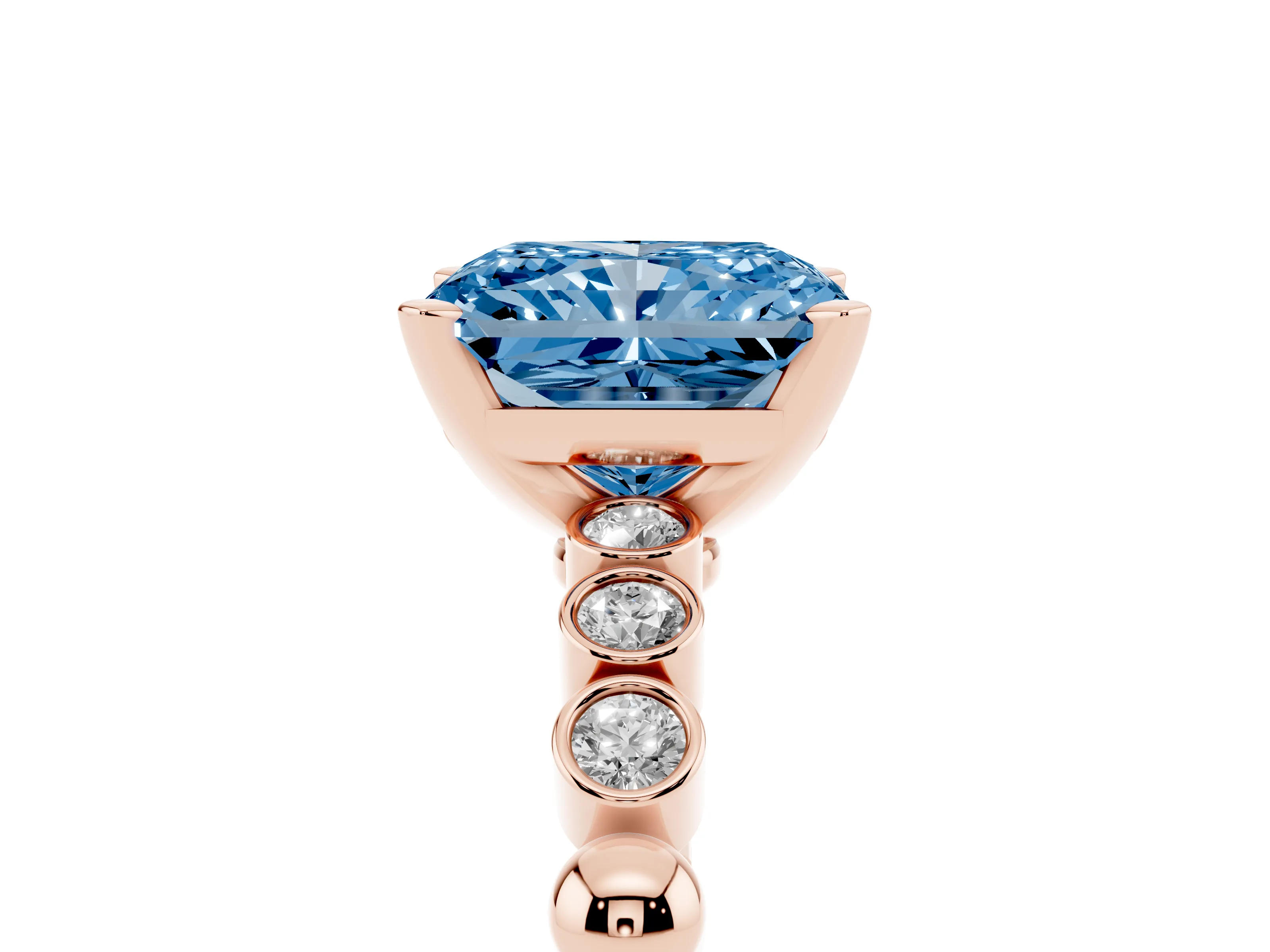 Fancy Blue Radiant Cut Diamond Solitaire Engagement Ring Set in Rose gold with Bezel Accents on Beaded Band
