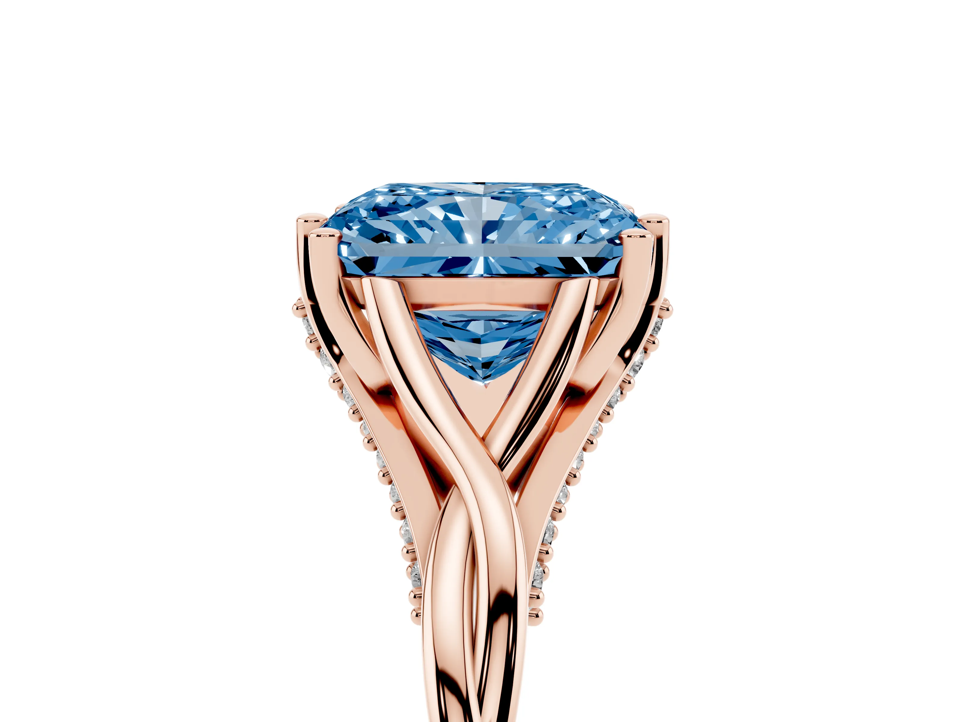 Fancy Blue Radiant Cut Diamond Intertwined Twist Band Solitaire Ring Set in Rose gold with Prong Setting