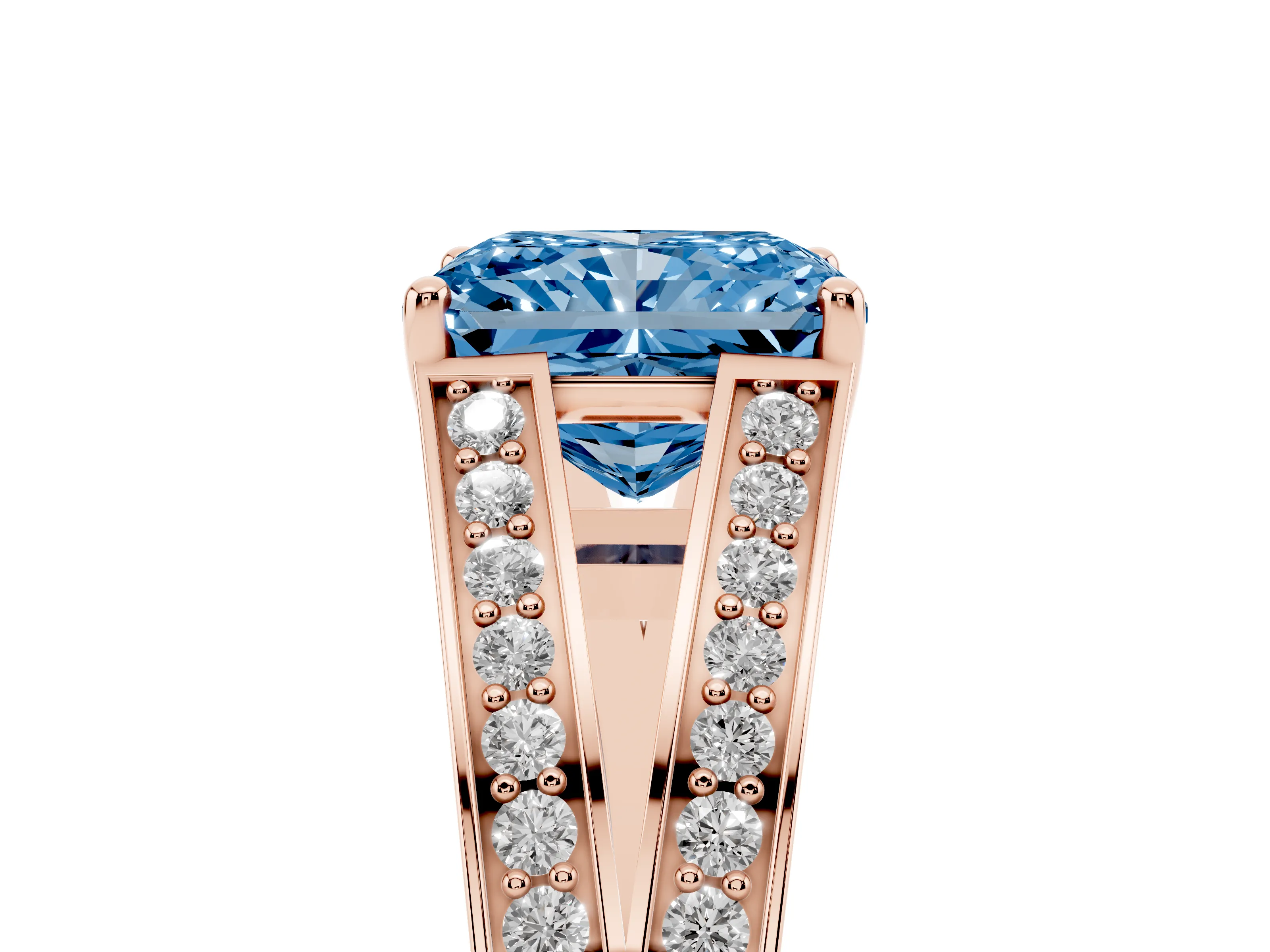 Fancy Blue Radiant Cut Diamond Split Shank Ring Set in Rose gold with Pavé Band and Prong Setting