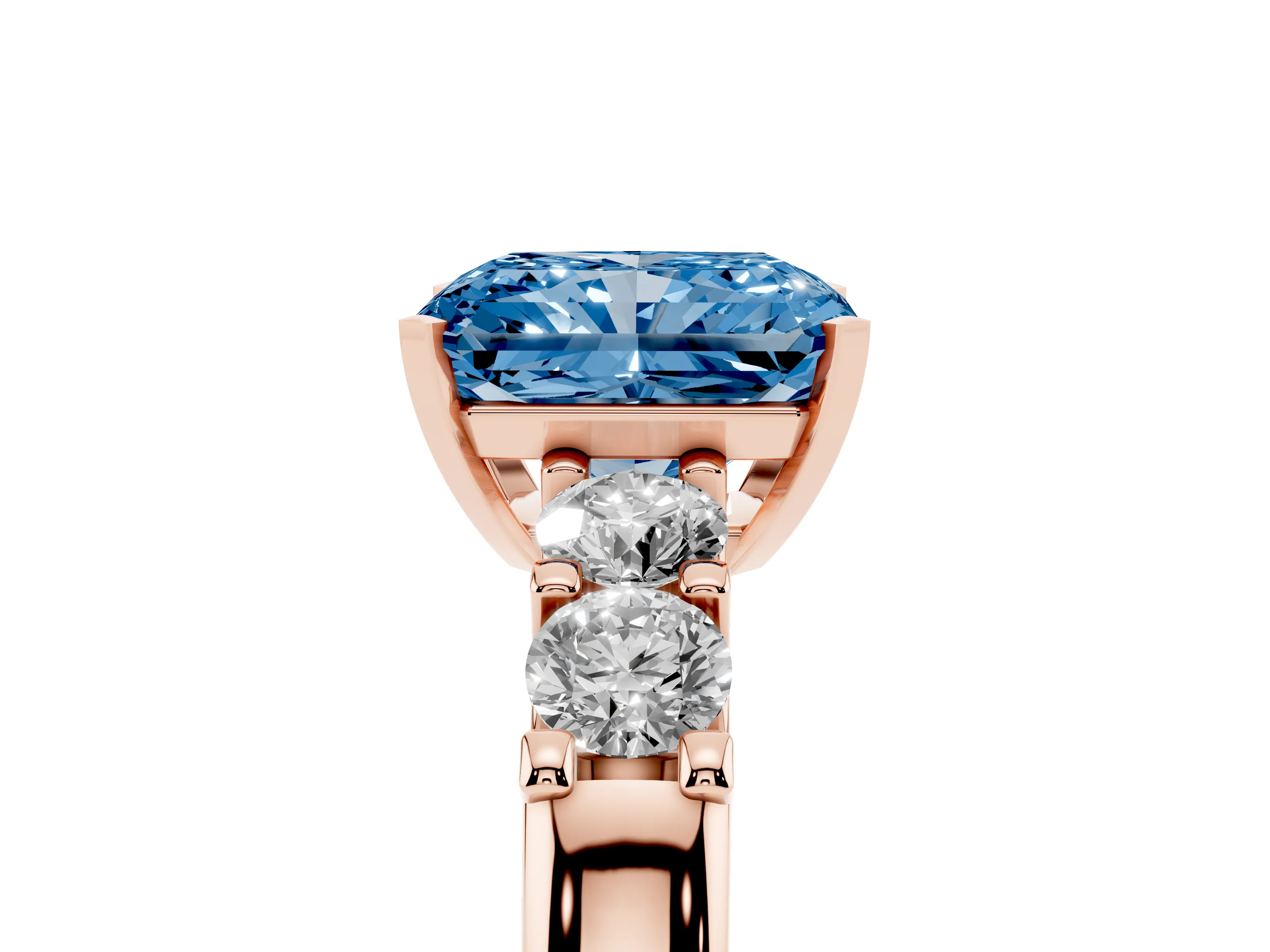 Fancy Blue Radiant Cut Diamond Five-Stone Prong Set Engagement Ring Set in Rose gold with Channel Band