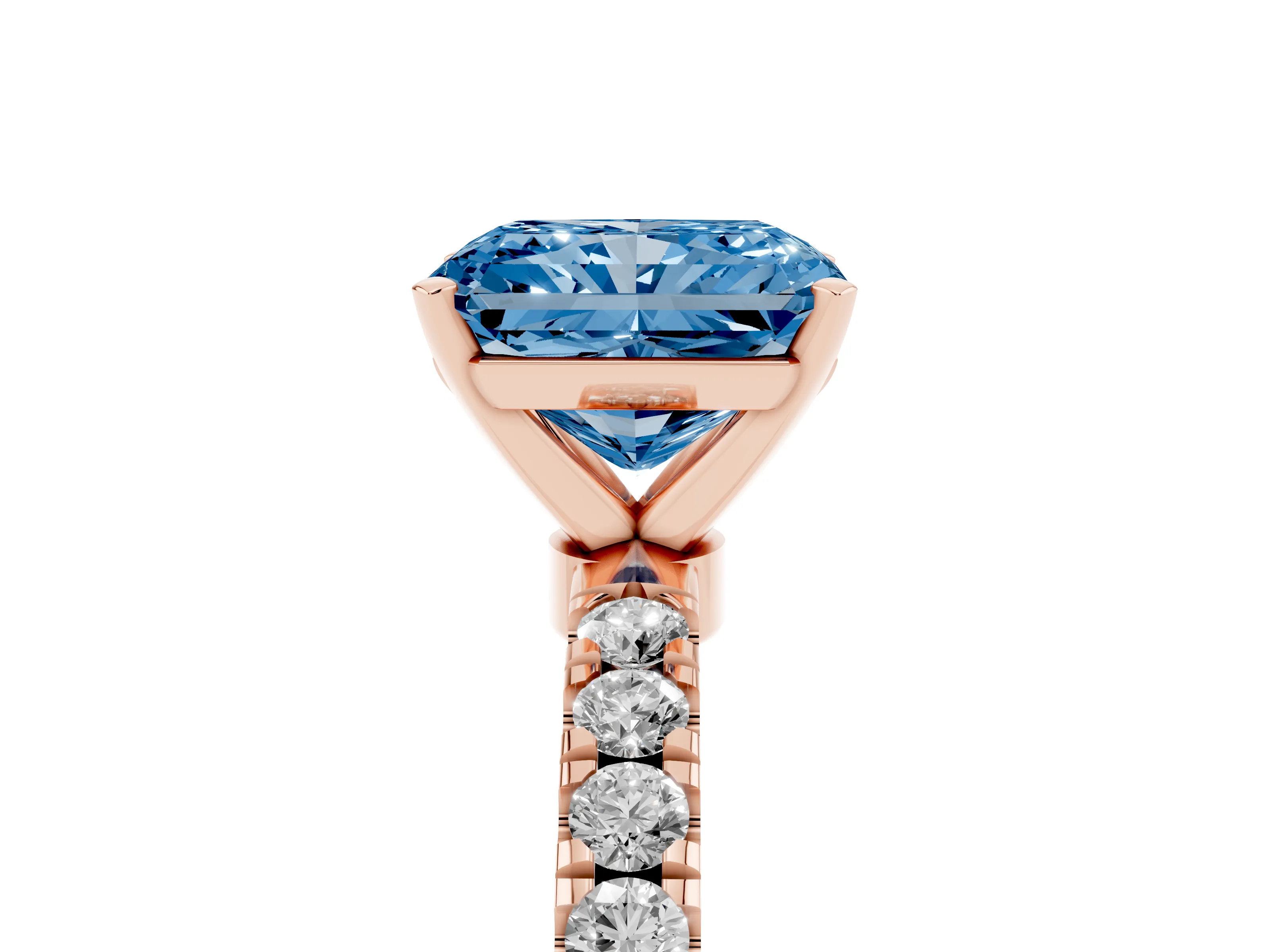 Fancy Blue Radiant Cut Diamond Solitaire Ring Set in Rose gold with Pavé Accents and Prong Setting