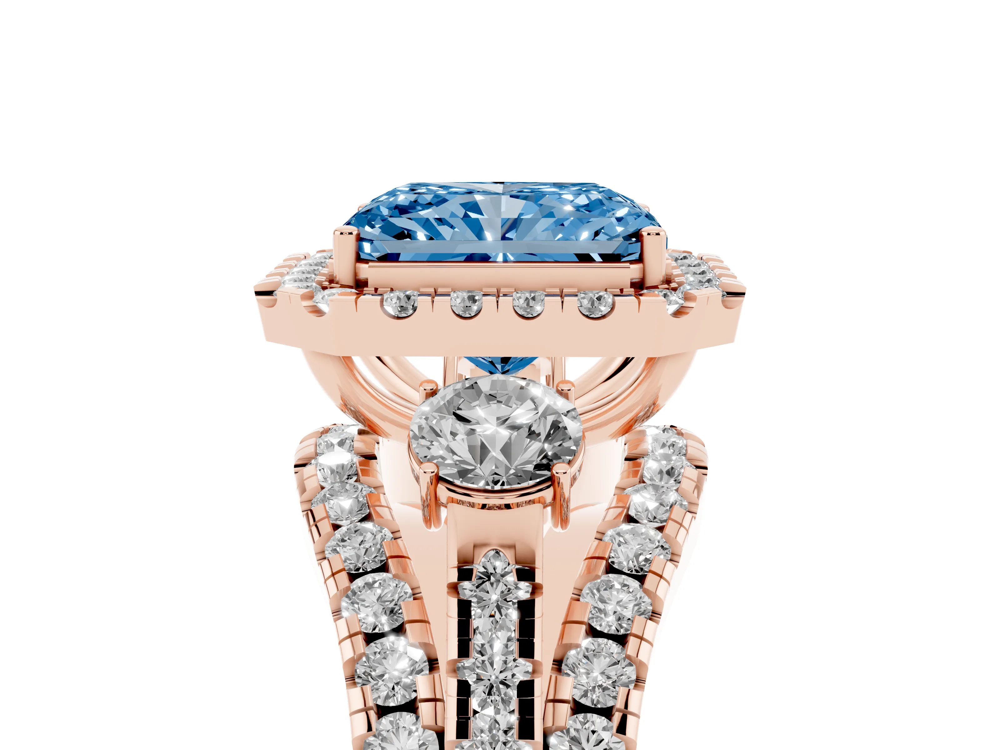 Fancy Blue Radiant Cut Diamond Halo Split Shank Ring Set in Rose gold with Round Accent Stones and Prong Setting