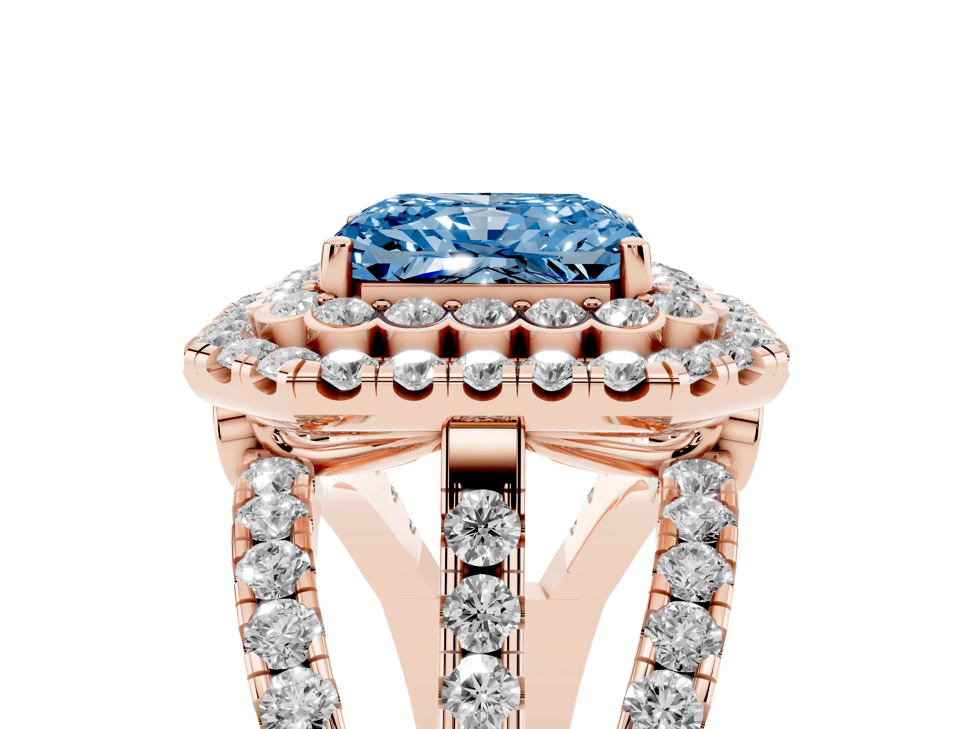Fancy Blue Radiant Cut Diamond Double Halo Ring Set in Rose gold with Round Pavé Split Shank