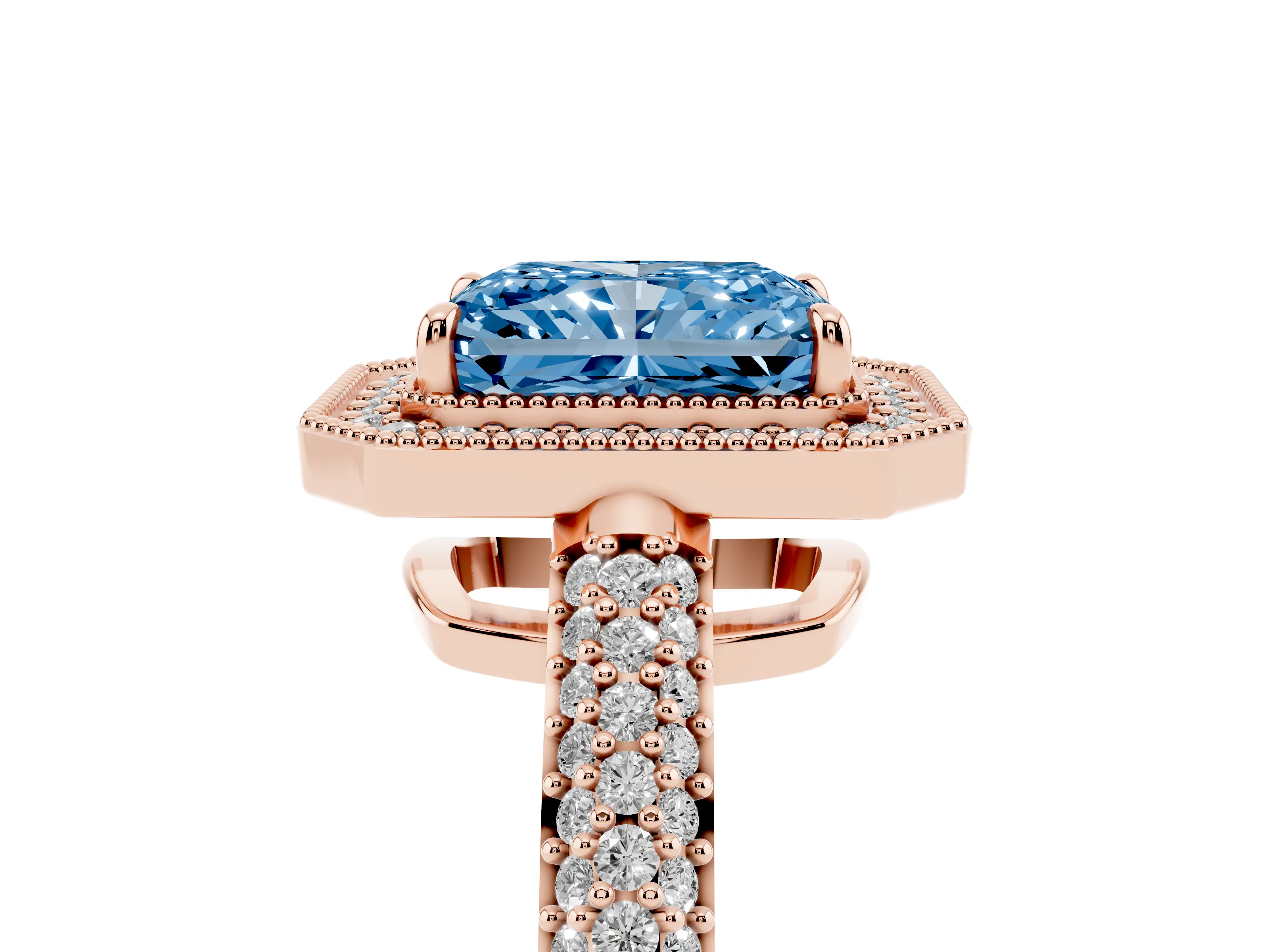 Fancy Blue Radiant Cut Diamond Halo Pavé Band Set in Rose gold with Prong Setting