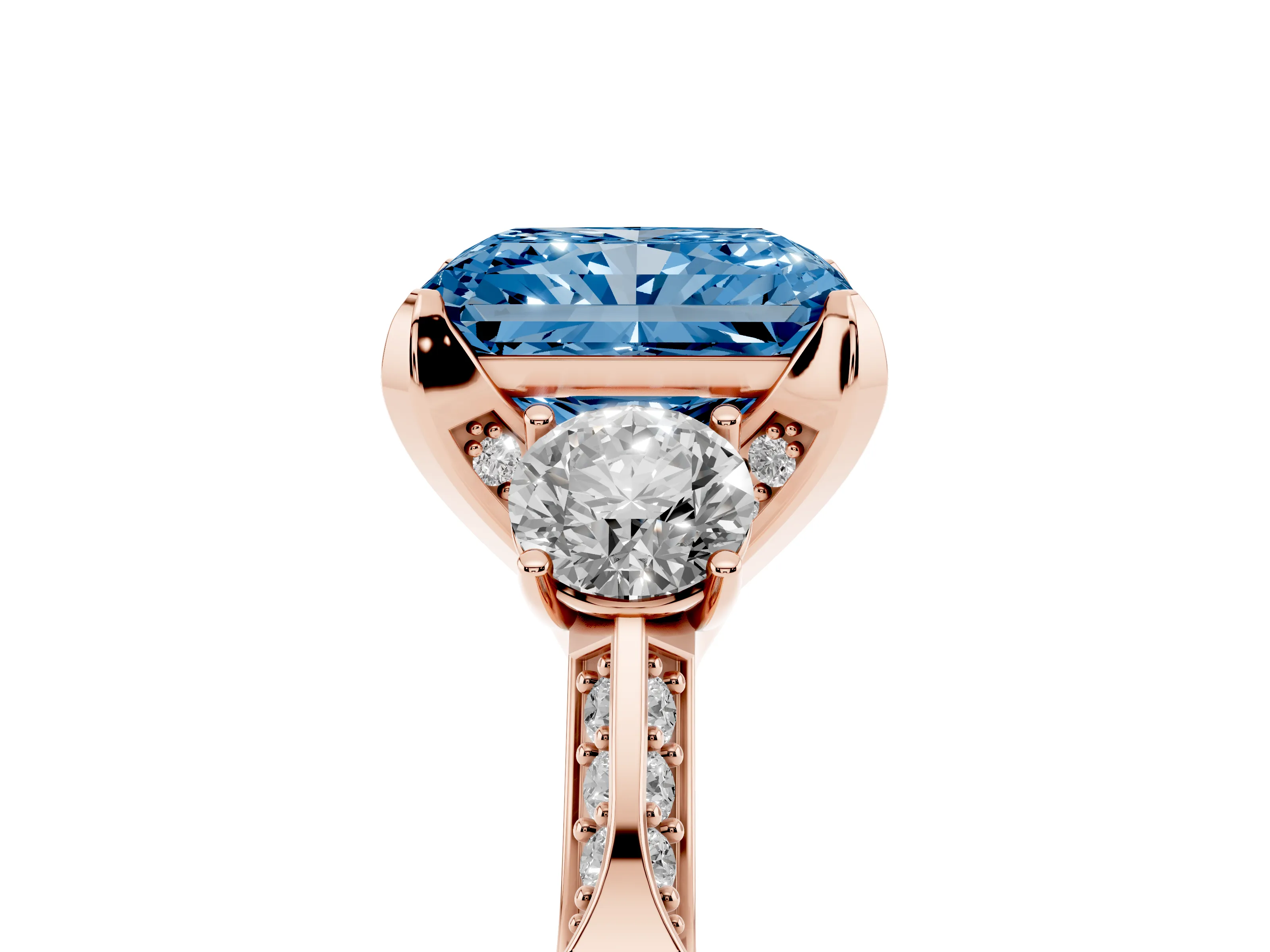 Fancy Blue Radiant Cut Diamond Three-Stone Ring Set in Rose gold with Pavé Band and Smaller Side Stones