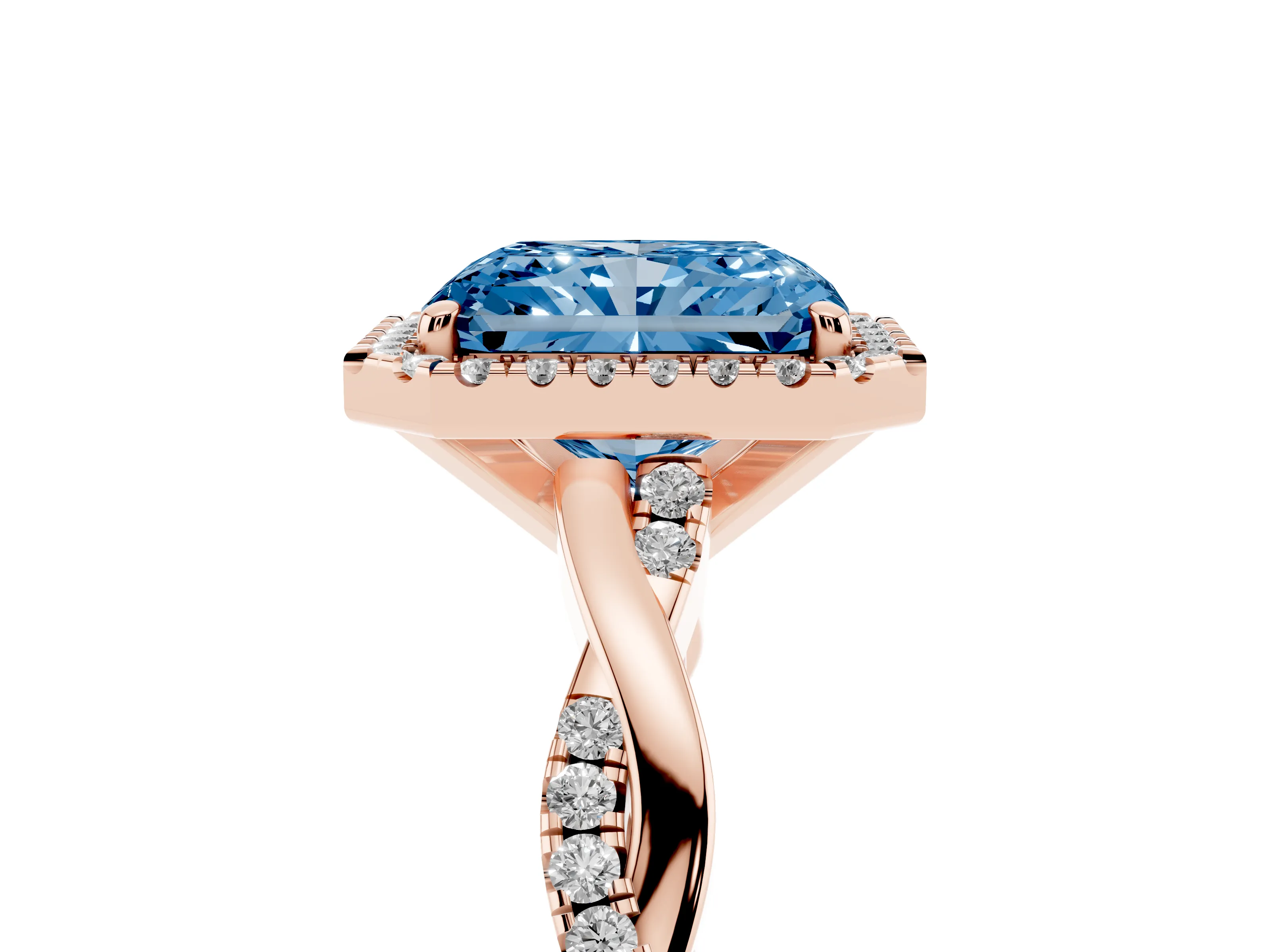 Fancy Blue Radiant Cut Diamond Halo Twisted Band Ring Set in Rose gold with Prong Setting