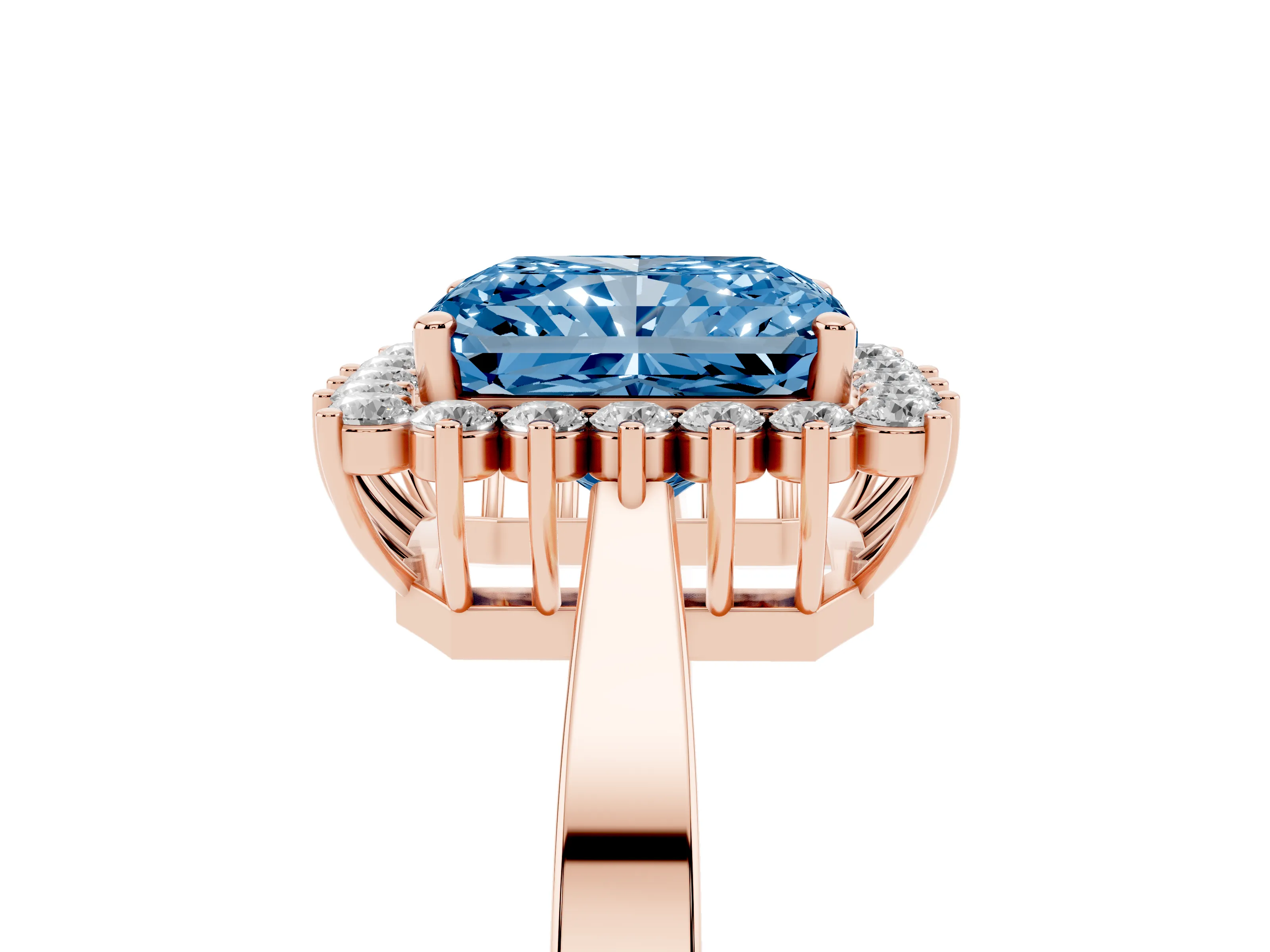 Fancy Blue Radiant Cut Diamond Halo Ring Set in Rose gold with Round Halo and Smooth Solitaire Band