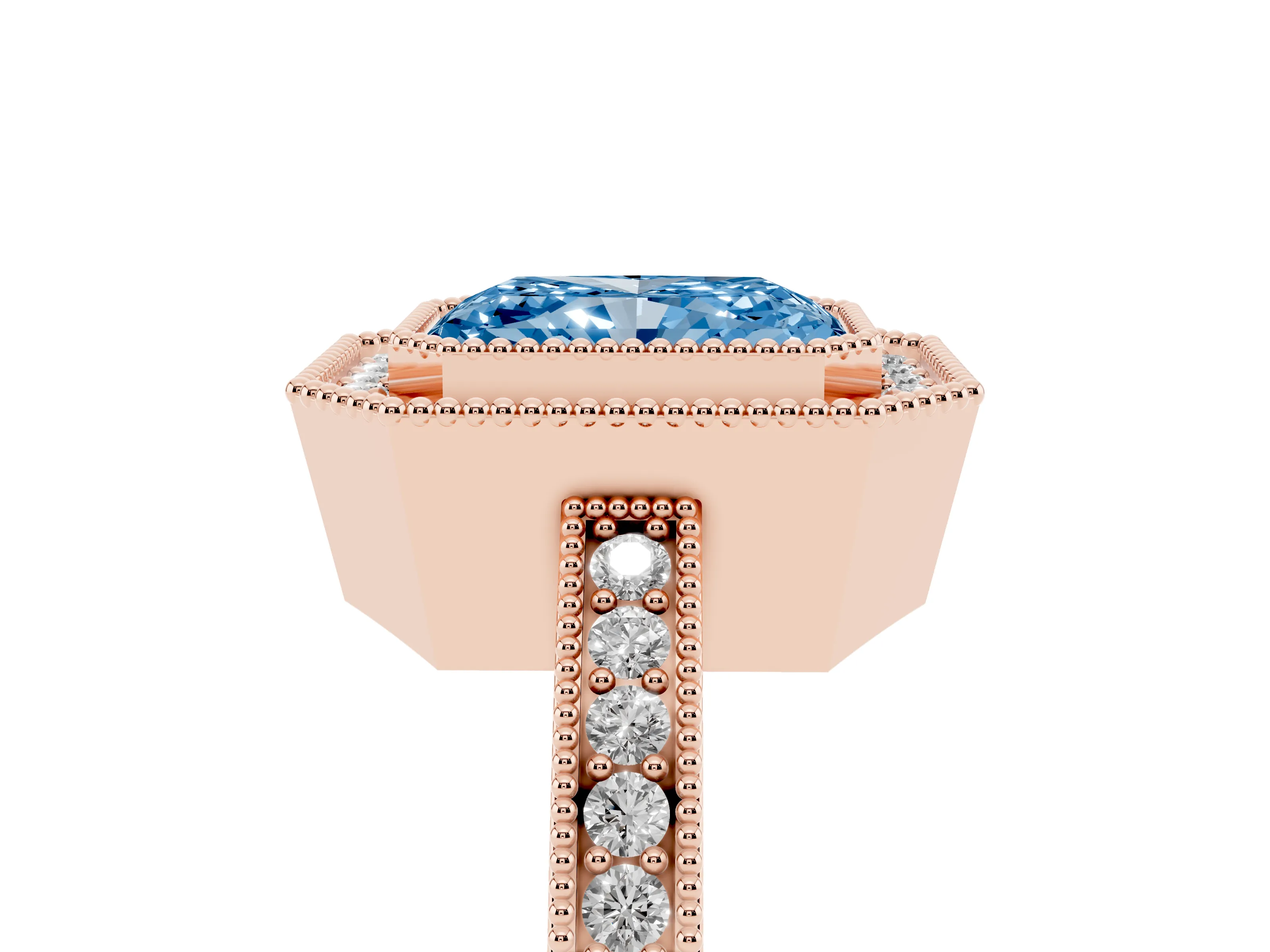 Fancy Blue Radiant Cut Diamond Round Halo Ring Set in Rose gold with Pavé Band