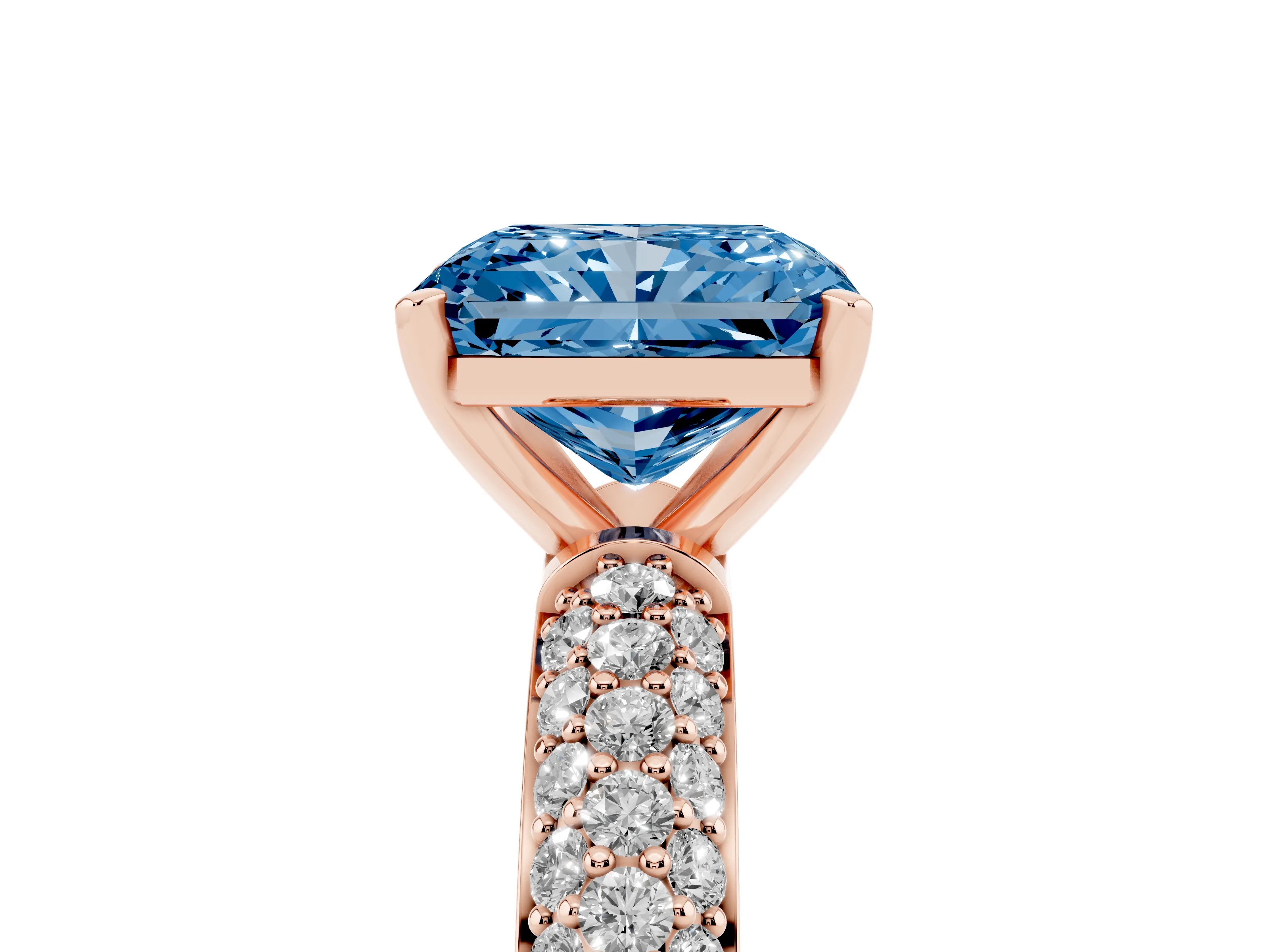 Fancy Blue Radiant Cut Diamond Solitaire Ring Set in Rose gold with Prong Setting and Pavé-Set Band