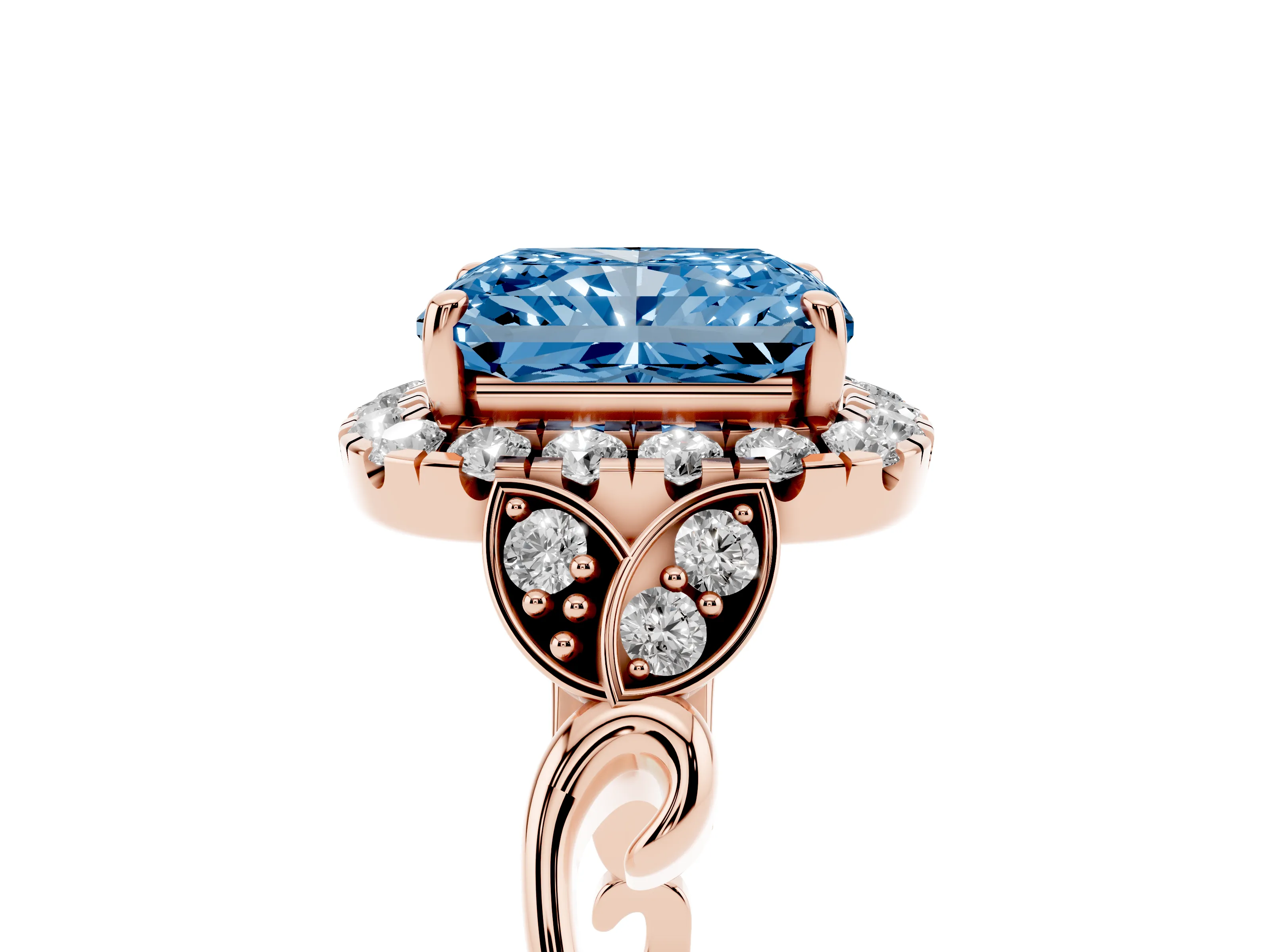 Fancy Blue Radiant Cut Diamond Halo Engagement Ring Set in Rose gold with Vintage-Inspired Band and Prong Setting