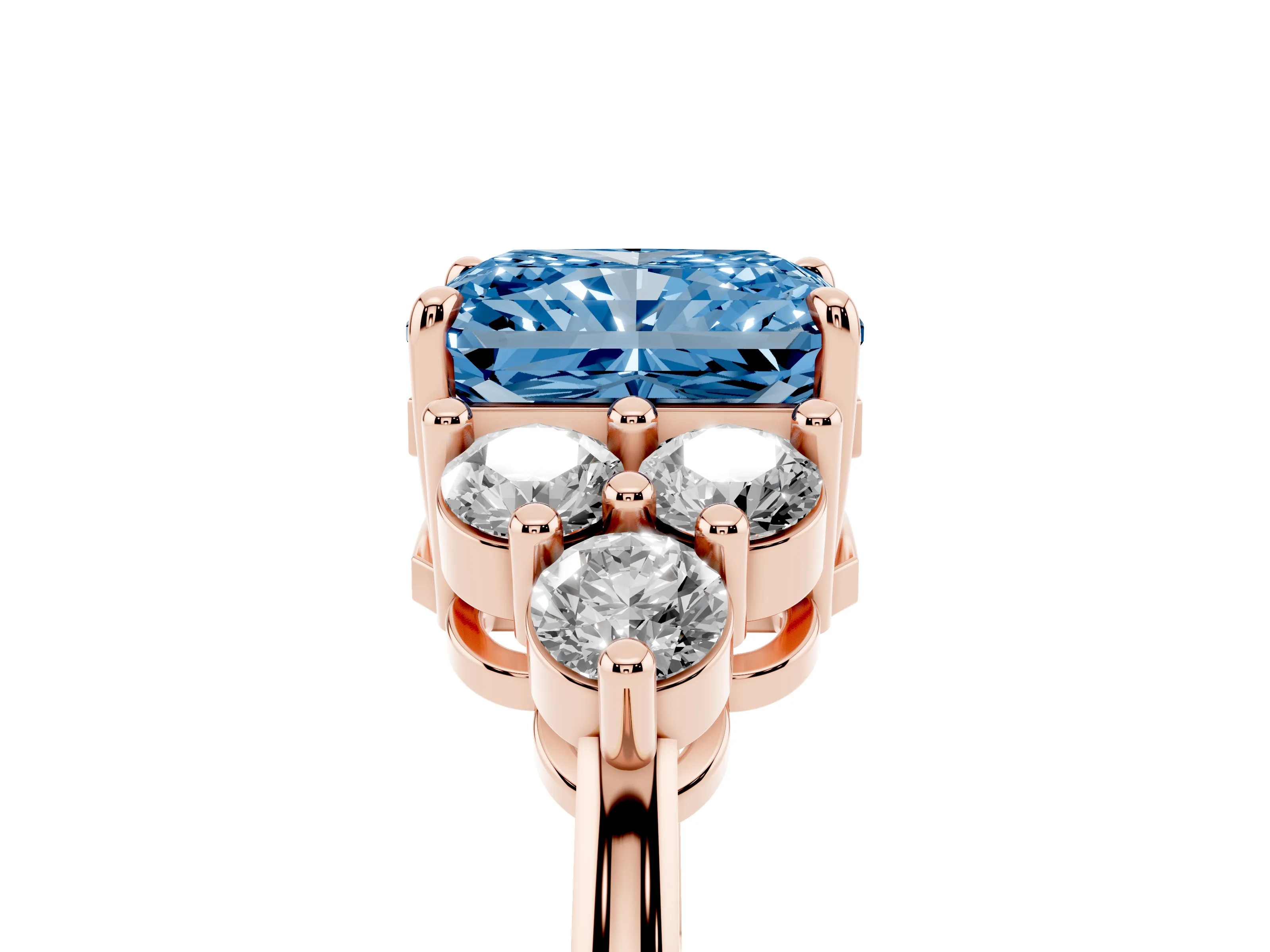 Fancy Blue Radiant Cut Diamond Solitaire Ring Set in Rose gold with Cluster Accents on Each Side