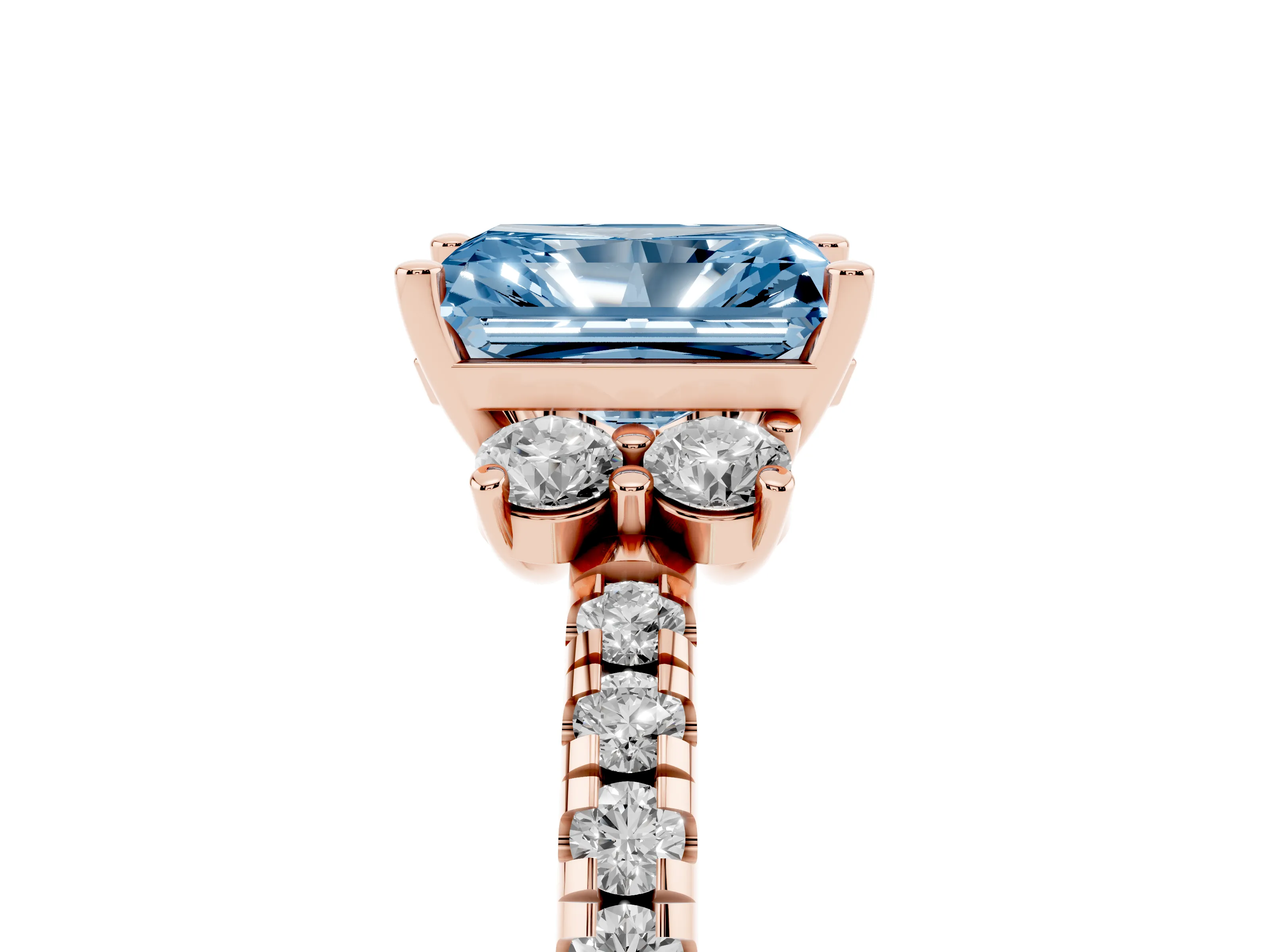 Fancy Blue Radiant Cut Diamond Three-Stone Pavé Ring Set in Rose gold with Prong Setting