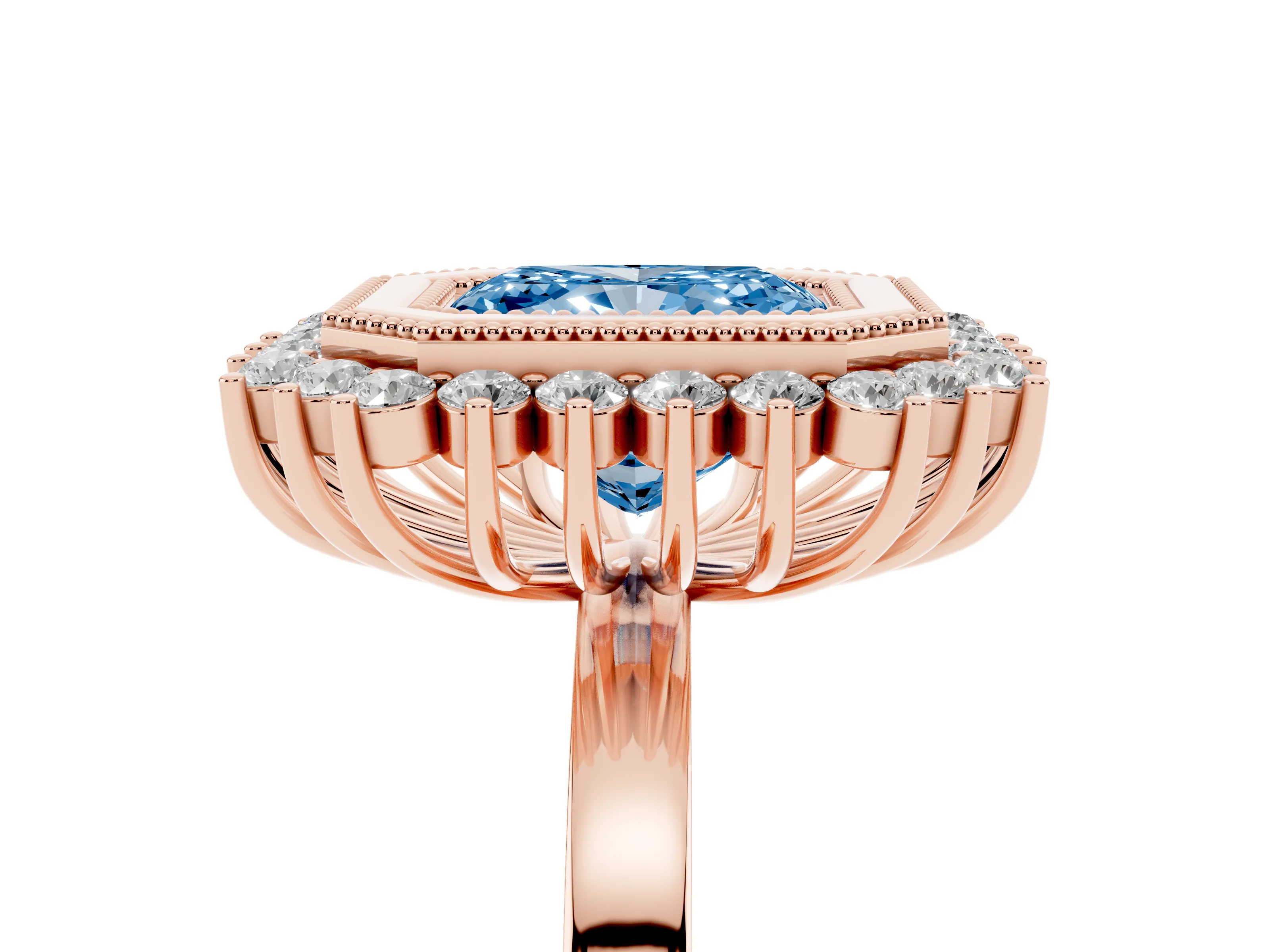 Fancy Blue Radiant Cut Diamond Halo Ring Set in Rose gold with Milgrain Edge and Round Prong Setting
