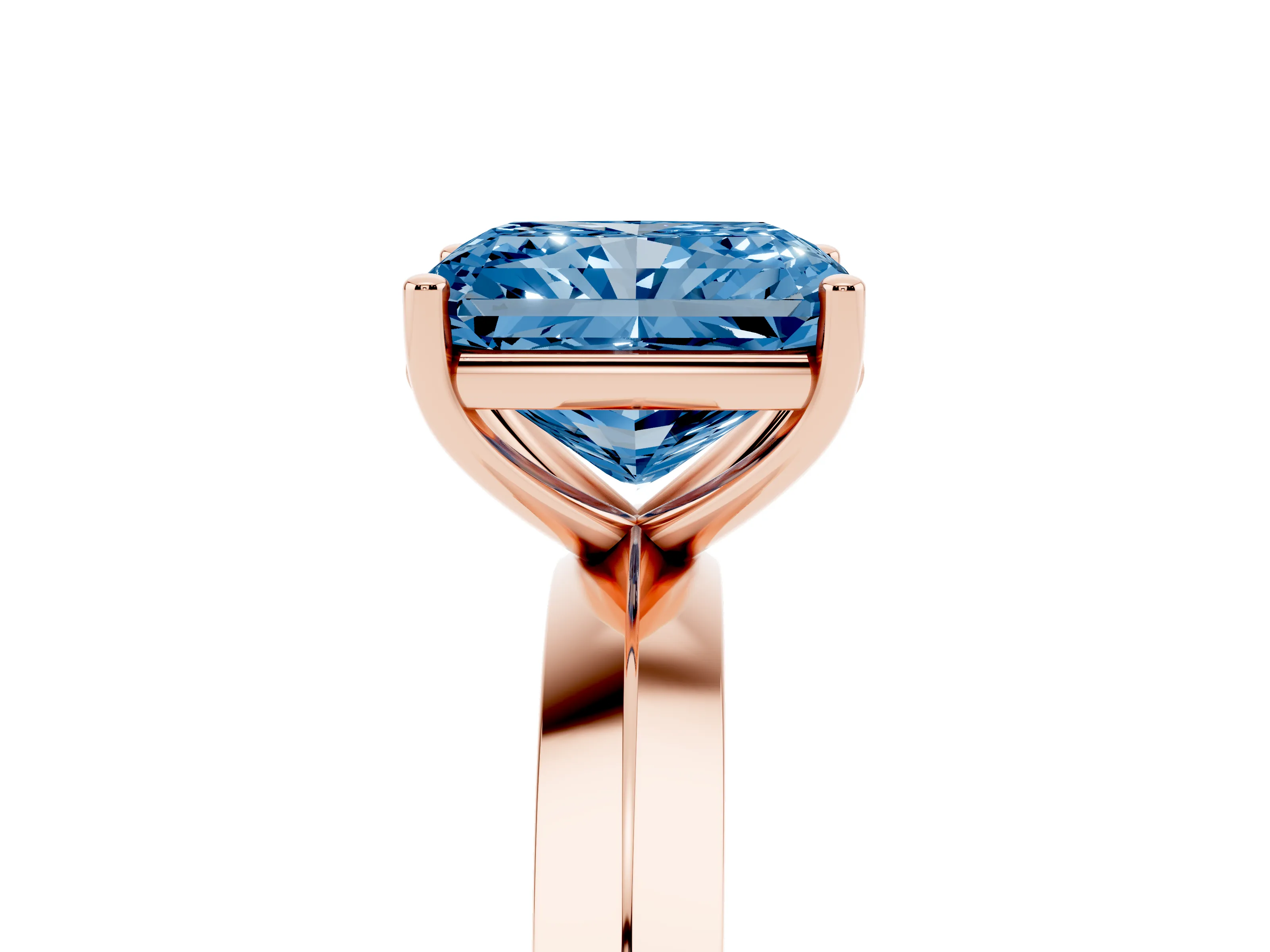 Fancy Blue Radiant Cut Diamond Solitaire Engagement Ring Set in Rose gold with Flat Band and Prong Setting